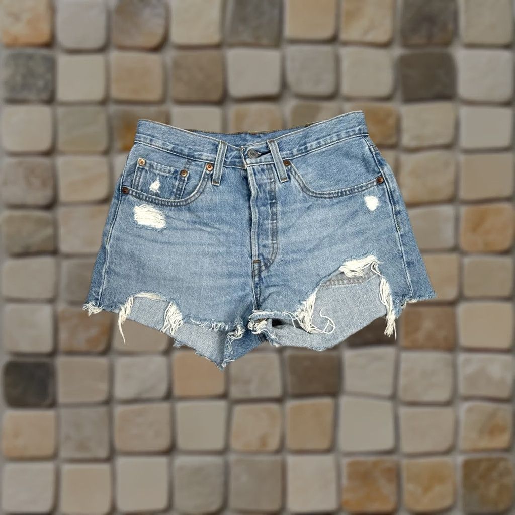 Levi's Levis 501 Shorts Womens 26 Blue Cut Off Denim Distressed Logo Mid Rise Raw Hem Ladies Denim Shorts 26 Blue Casual Womens Size 26" / US 2 / IT 38 - 1 Thumbnail
