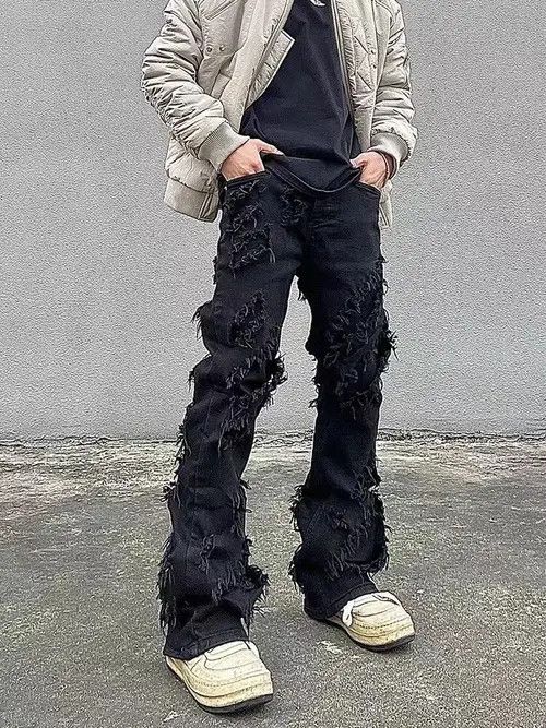 image of High Street Black Raw Edge Ripped Jeans, Men's (Size 32)