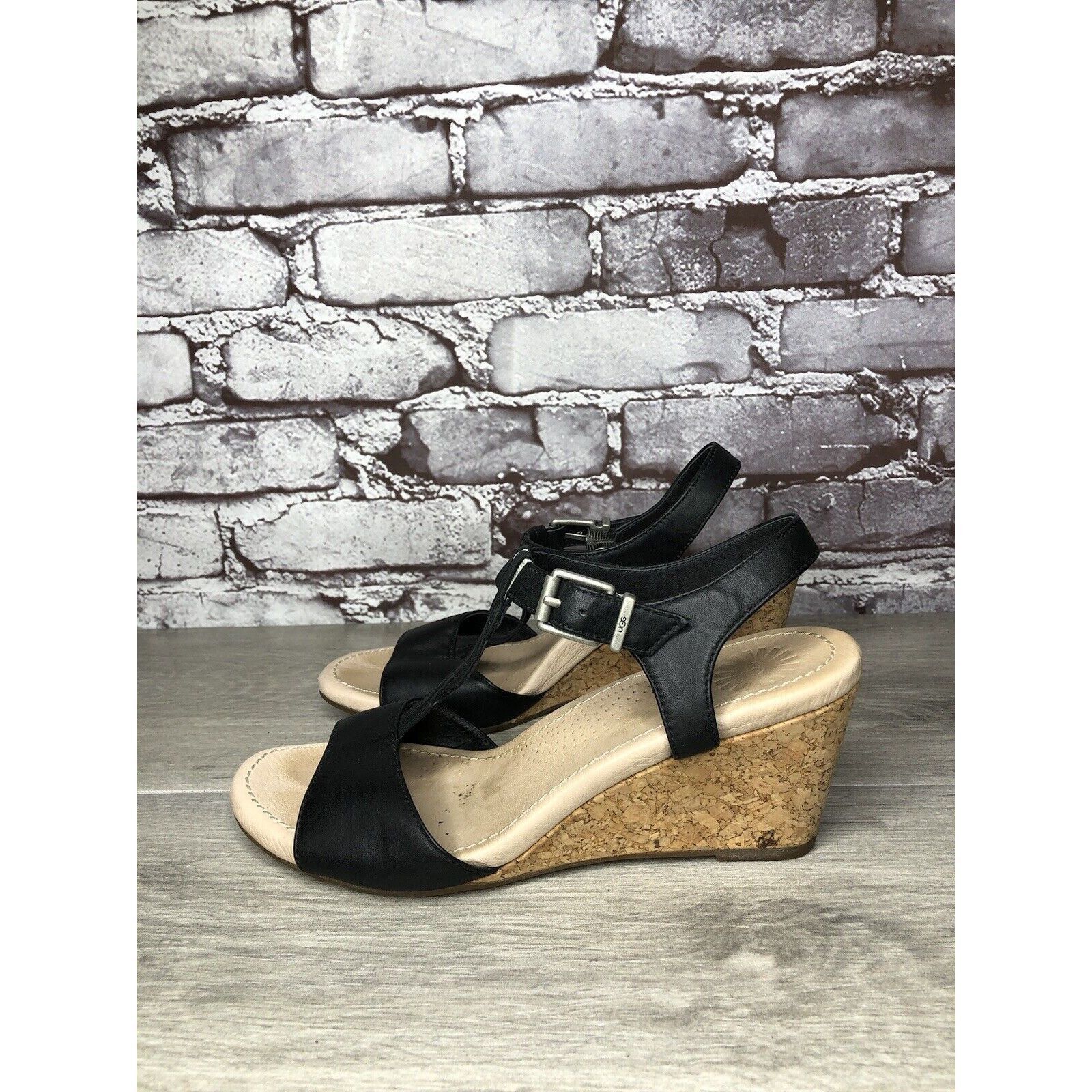 Ugg UGG Black Leather Casual Cork Wedge Ankle Strap Sandals Wome Size US 7 / IT 37 - 1 Thumbnail