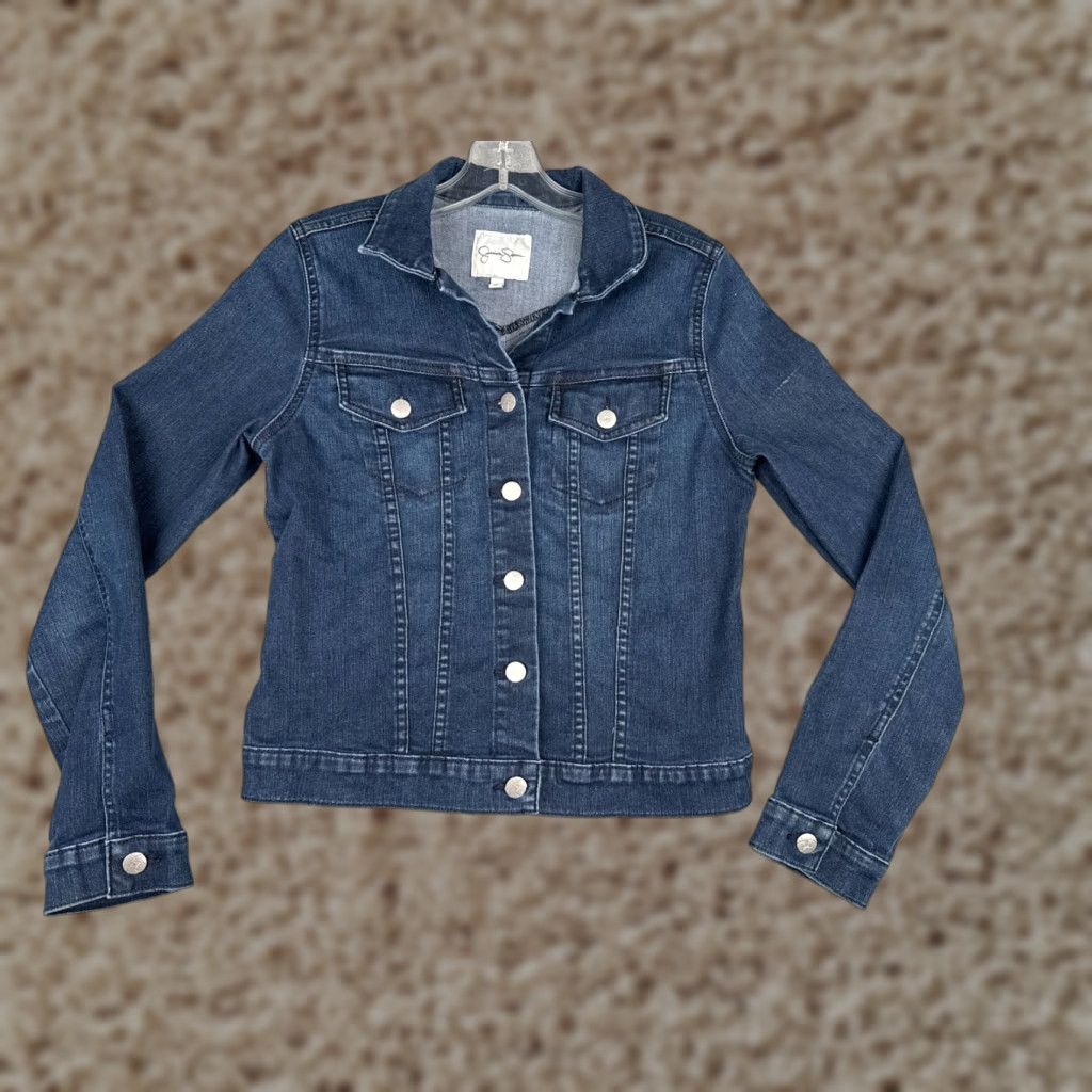 Jessica Simpson VINTAGE Jessica Simpson Jacket Womens Medium Blue Denim Jean Button Up Crop Cotton Blend Size 32" / US 10 / IT 46 - 1 Thumbnail
