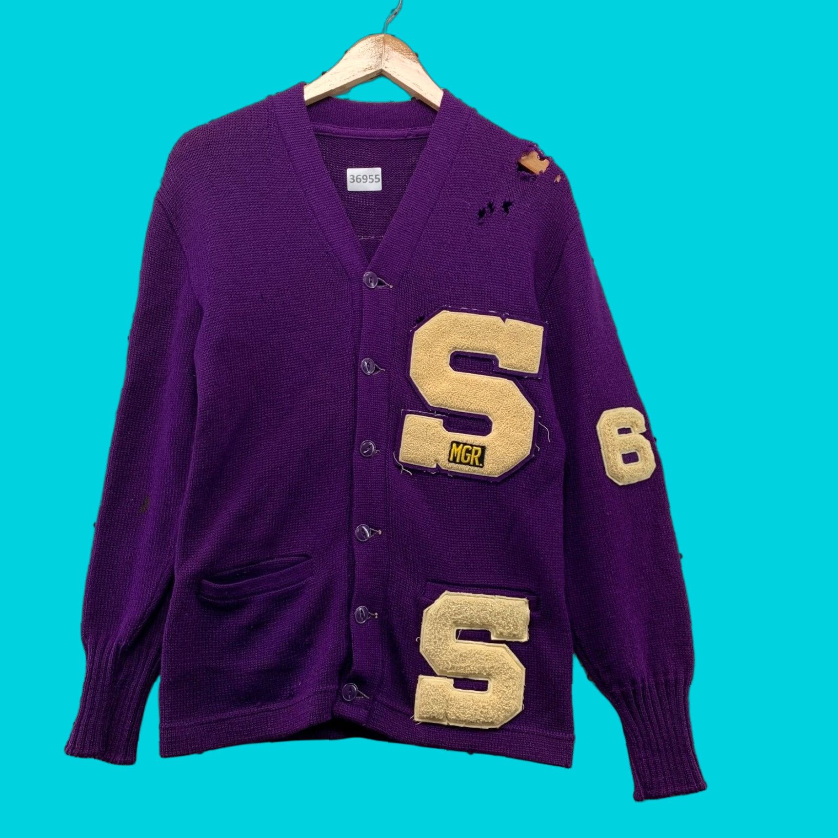 Vintage VINTAGE 60s Letterman Cardigan Sweater Mens Size Small Purple Solid Knit Long Sleeve V-Neck Distressed School Mens Size US S / EU 44-46 / 1 - 1 Thumbnail