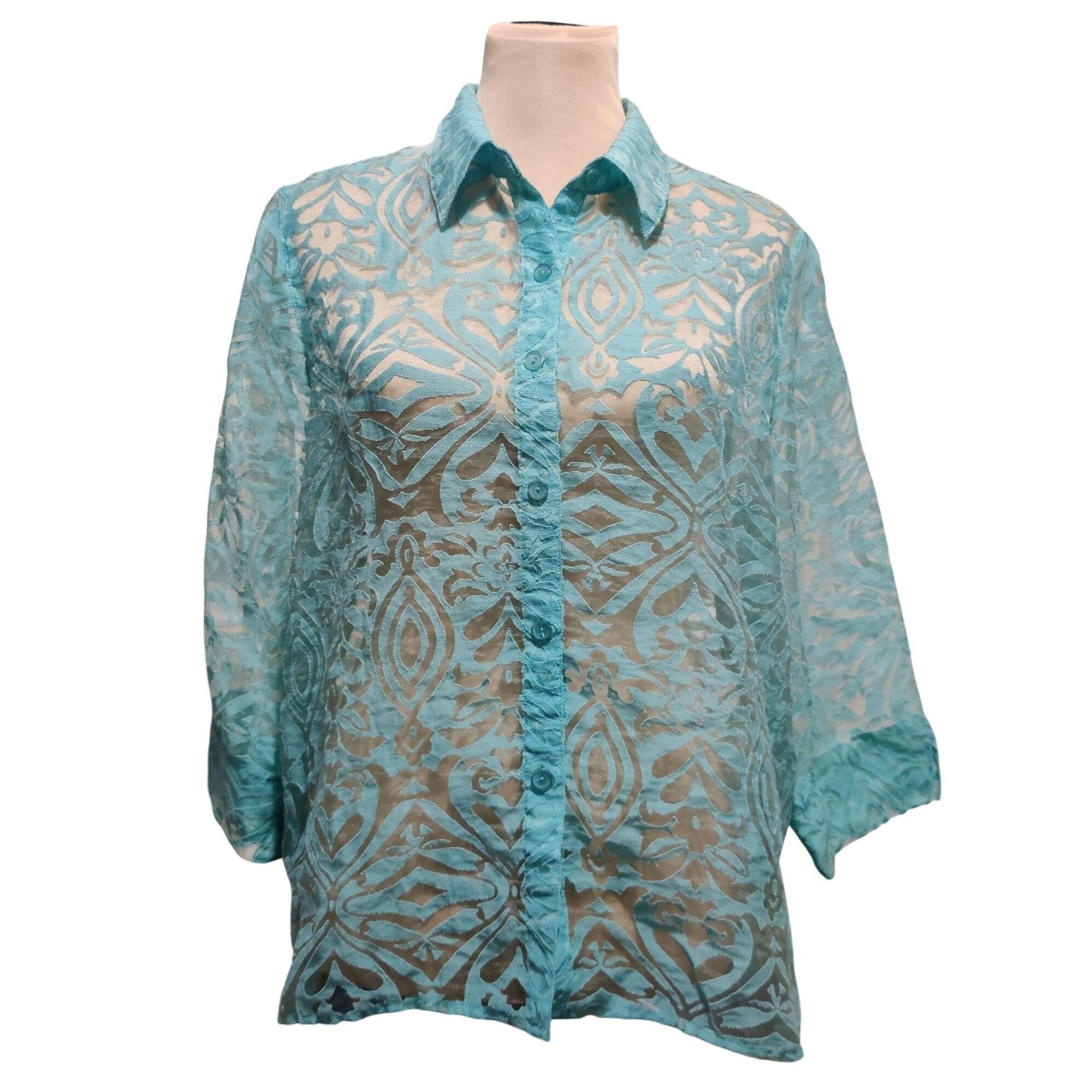 Vintage Womenx XL Blouse Turquoise Blue Sheer Burnout Vintage Button Size XL / US 12-14 / IT 48-50 - 12 Thumbnail