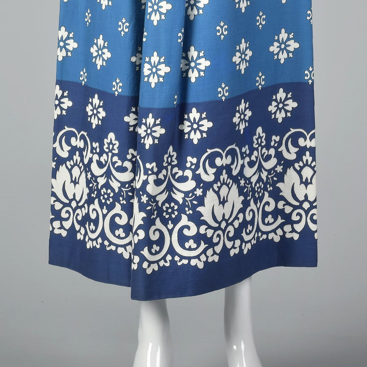 XXS 1970s Maxi Skirt Vintage Blue Long White Floral Pattern Stripe Summer Skirt
