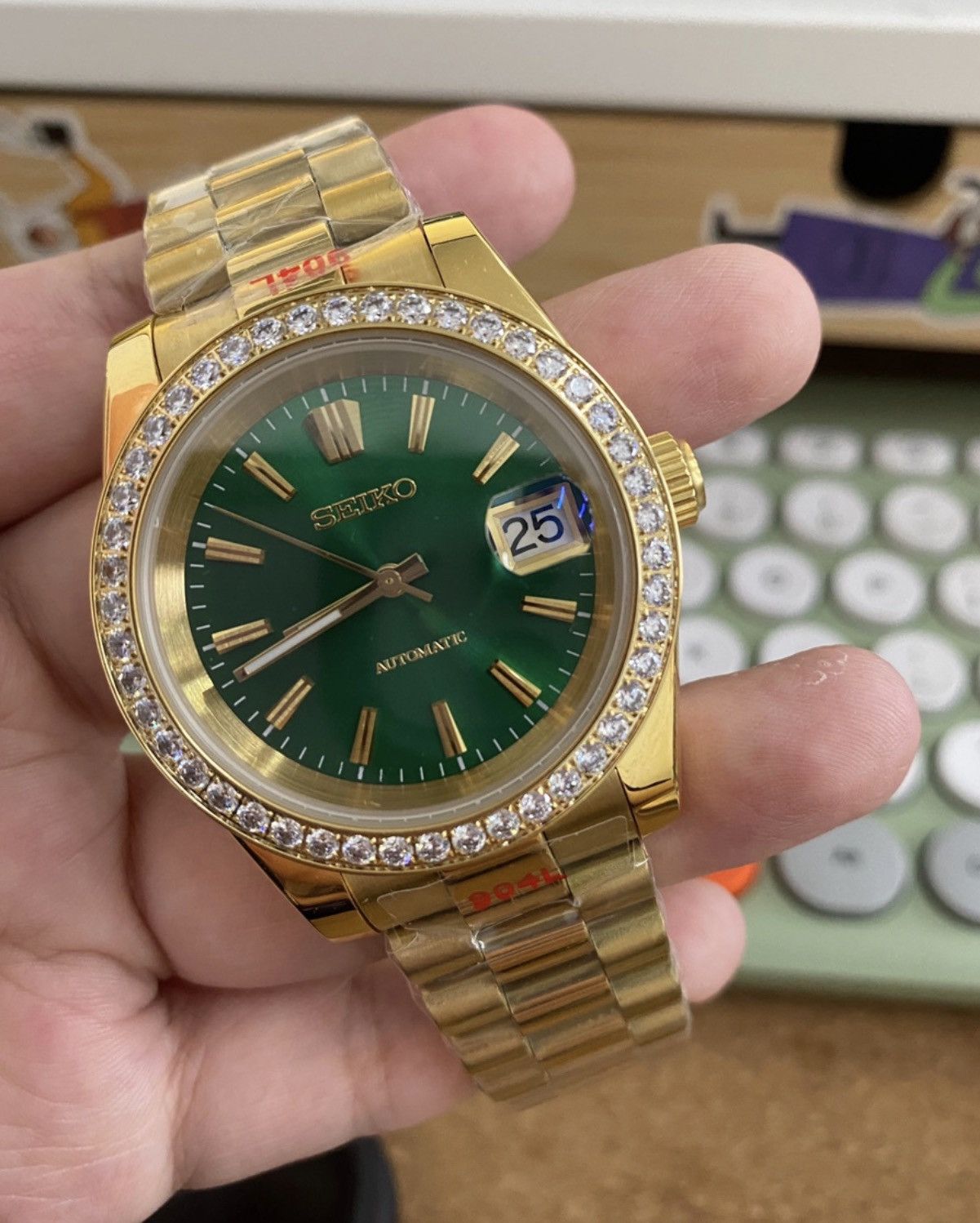 Seiko Mod Datejust Olive Dial Presidential Gold Watch 39mm