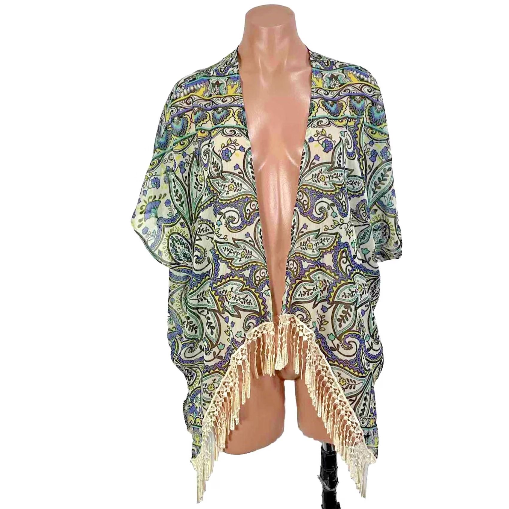 Vintage VINTAGE BECCA fringe trim swim cover up kaftan blue Paisley Floral XS Women Cover Up Fringe XS Blue Paisley Floral Size ONE SIZE - 2 Thumbnail