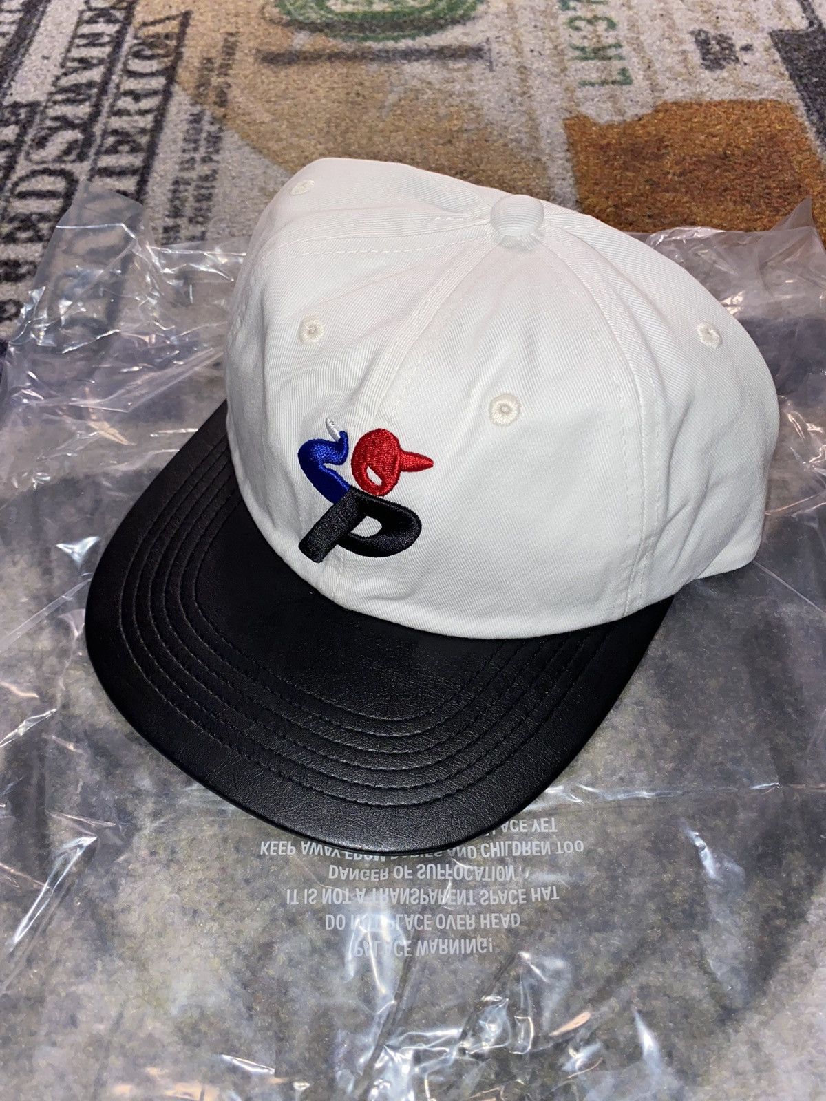 image of Palace Faux Leather Bunning Man Snapback in White, Men's