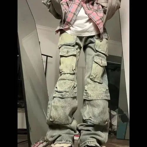 Handmade × Japanese Brand × Jean Retro yellow mud-dyed washed distressed multi-pocket jeans Size US 32 / EU 48 - 2 Thumbnail
