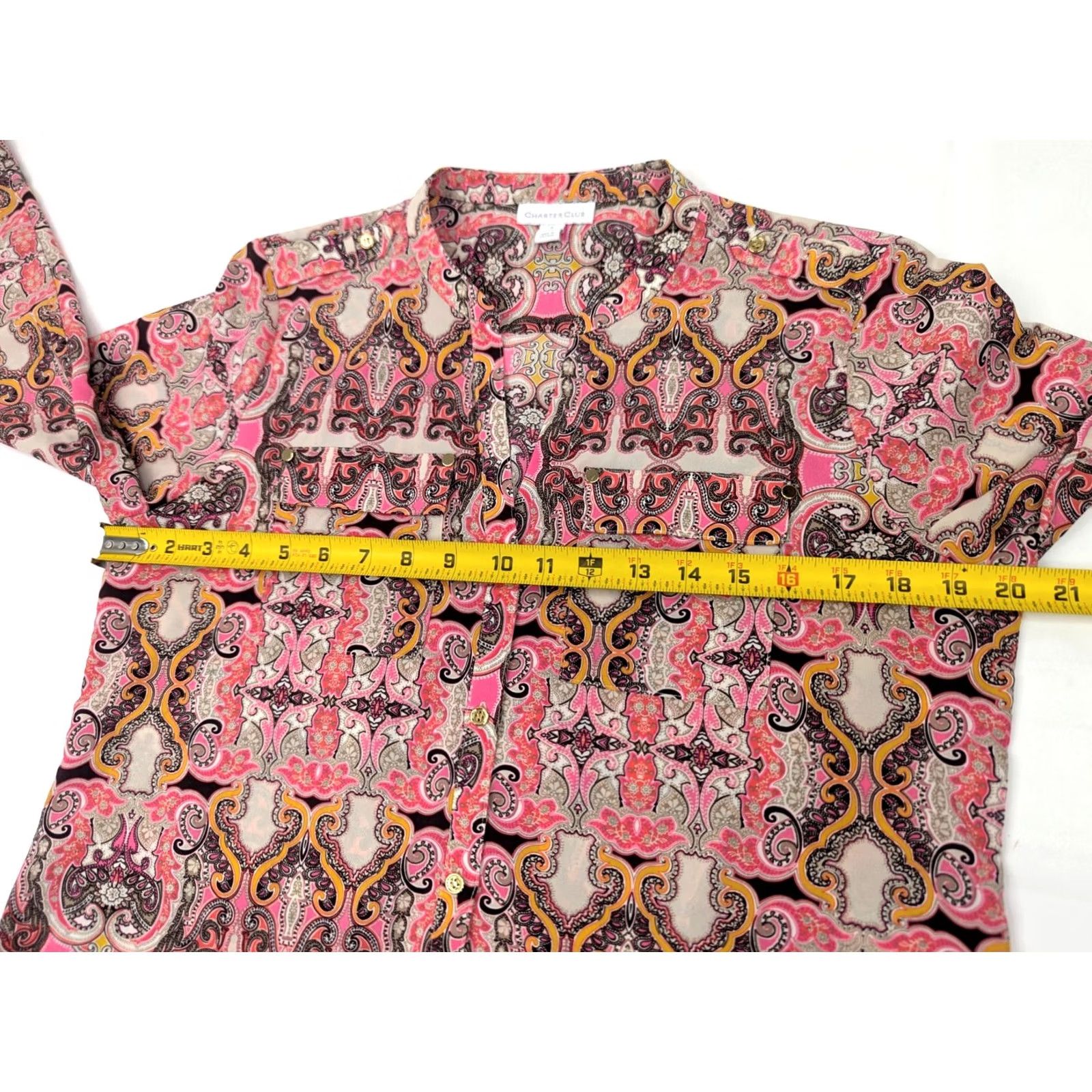 Charter Club Charter Club Pink Paisley Pattern Button-Up Shirt Women S Long Sleeve V-Neck Colorful Patterned Button Size S / US 4 / IT 40 - 6 Thumbnail