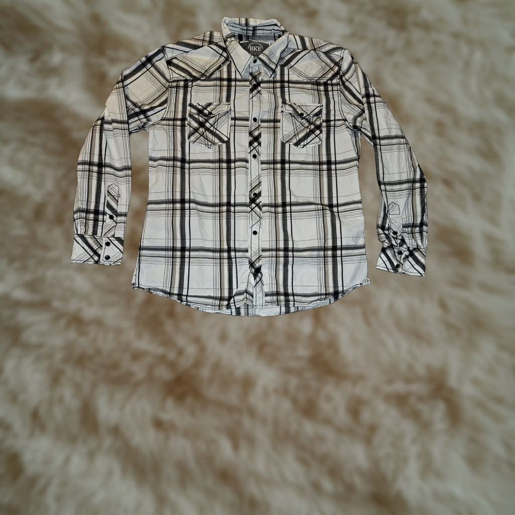 BKE BKE Shirt Men's XL White Black Plaid Athletic Fit Long Sleeve Pearl Snap Preppy Size US XL / EU 56 / 4 - 1 Thumbnail