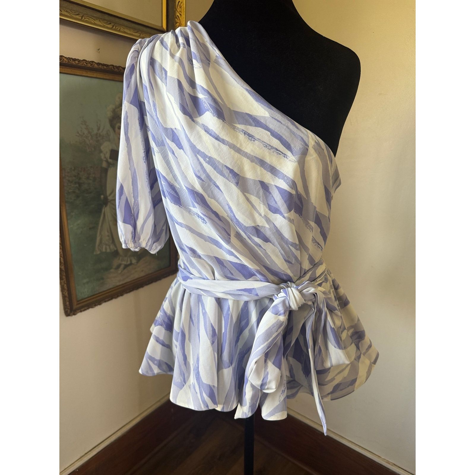 Nine West Nine West One Shoulder Blouse Lavender Zebra Print Peplum L Size L / US 10 / IT 46 - 1 Thumbnail