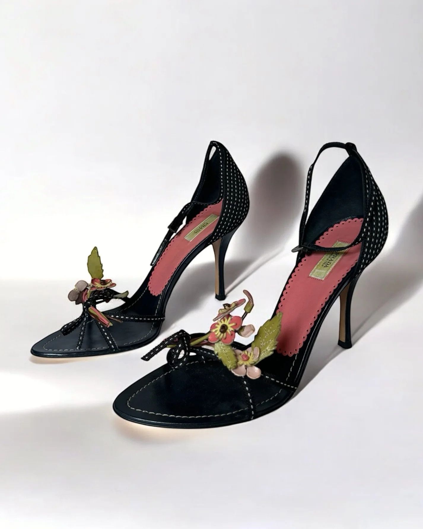 Prada Prada Black Leather Flower Bouquet Heels, c. 2000s Size US 5 / IT 35 - 1 Thumbnail