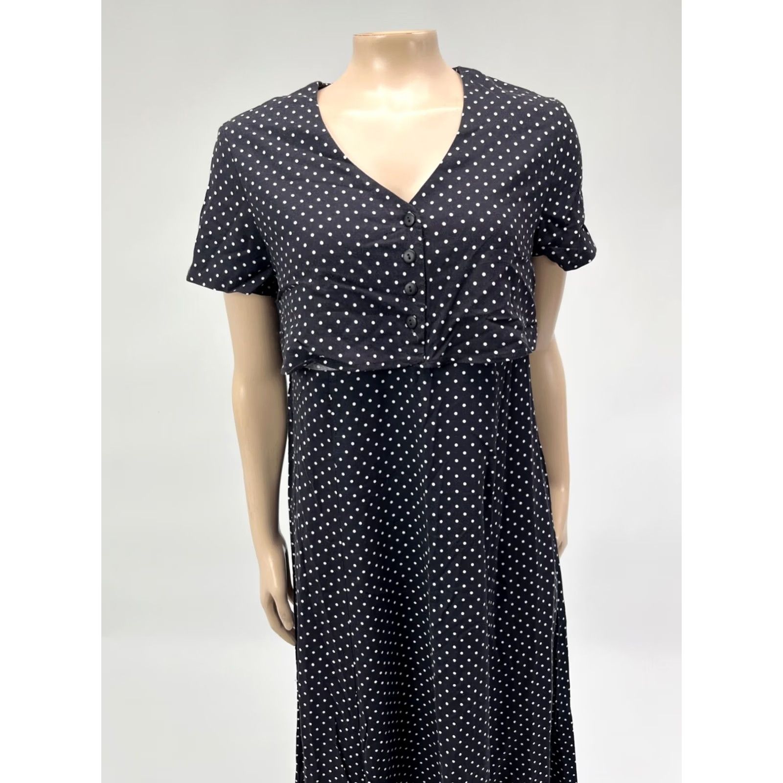 Vintage VINTAGE Ulterior Motives Women's Dress Midi 90s 80s Polka Dot Black Rayon S Party Size XXS / US 00 / IT 34 - 2 Thumbnail