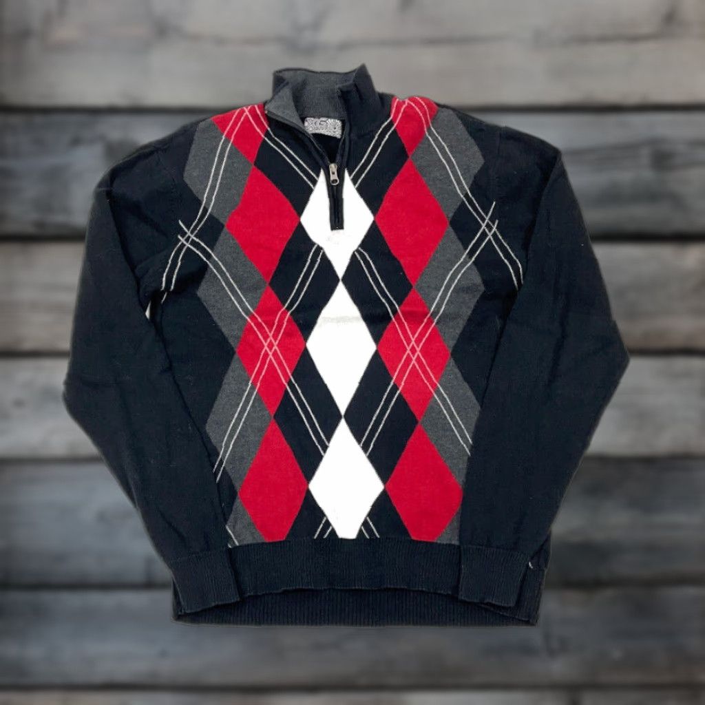 Etro XG Sweater - Argyle Diamond Pattern 1/4 Zip, Black, Adult Medium, Mens, 90s Preppy Knit Size US M / EU 48-50 / 2 - 1 Thumbnail
