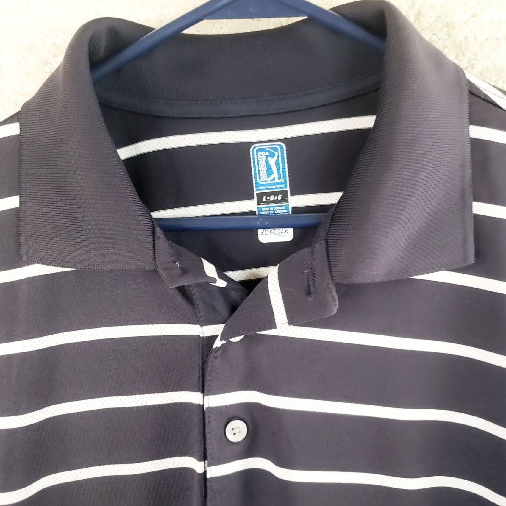 PGA Tour PGA TOUR Polo Men L Dark Gray Black Striped Airflux Stretch Short Sleeve Collared Pullover Performance Golf Rugby Sports Shirt Mens Size US L / EU 52-54 / 3 - 4 Thumbnail