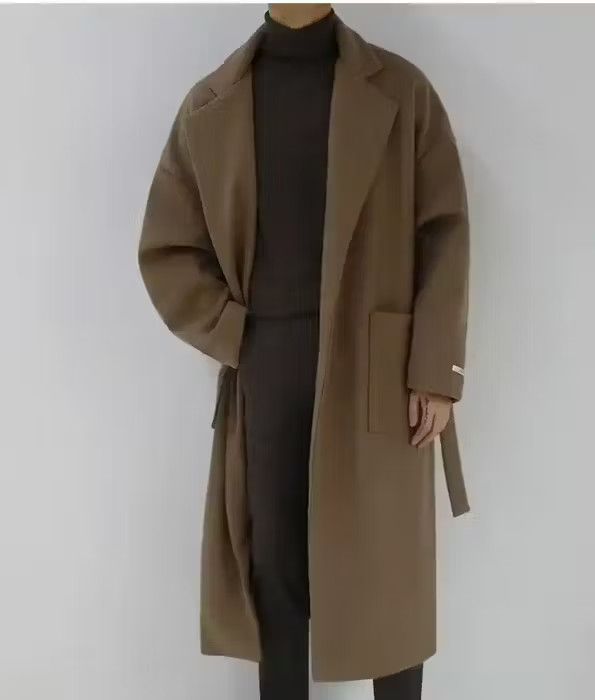 image of Vintage Side Slit Sashes Loose Casual Fashion Trench Coat in Khaki, Men's (Size Large)
