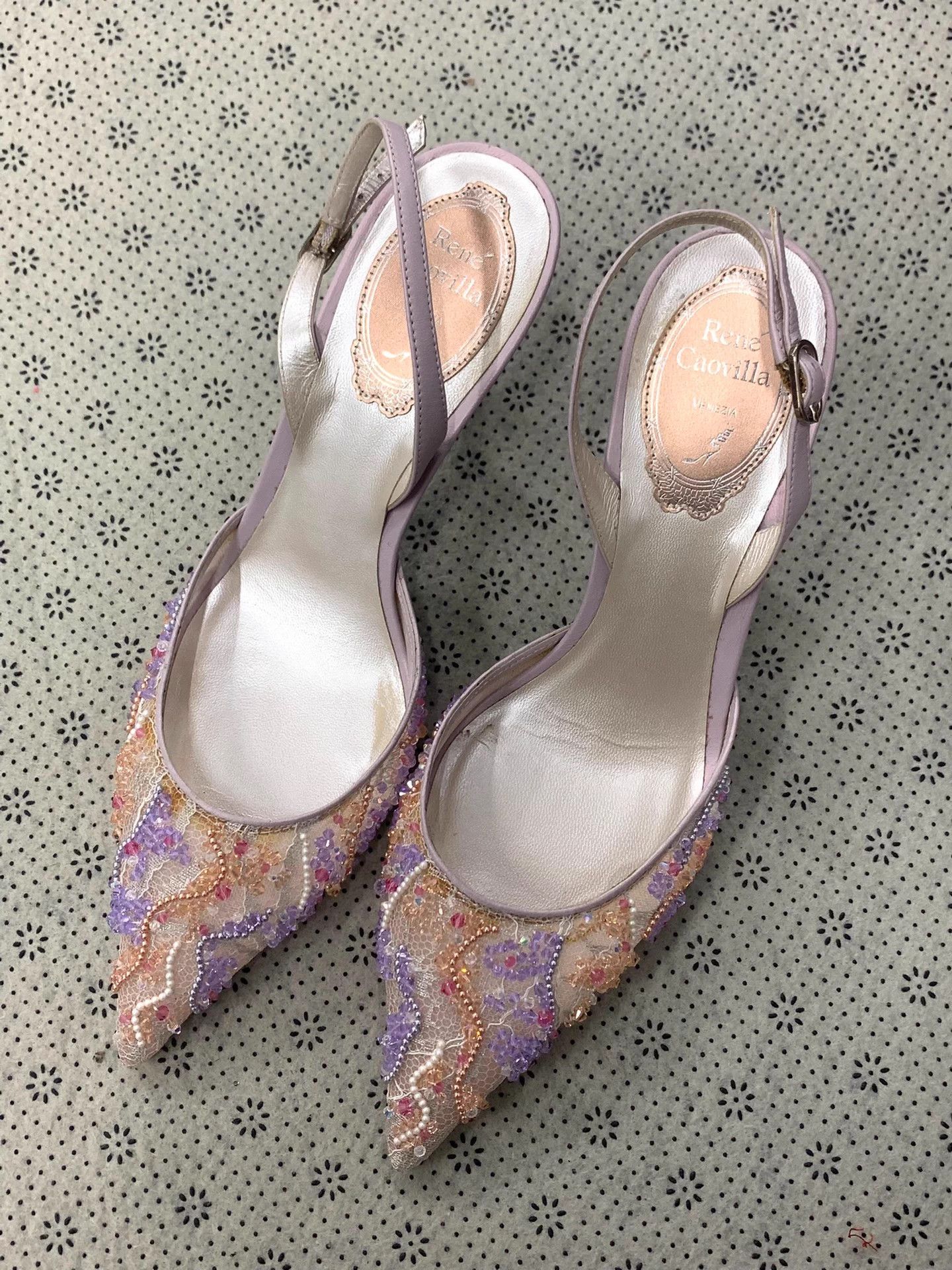 Roberto Cavalli RC Pink Purple Lace Beaded Heels EUR 36.5 New Size US 5 / IT 35 - 1 Thumbnail