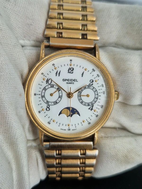Other Vintage Speidel Moonphase Gold Quartz Watch Swiss Movement Size 36 - 4 Thumbnail