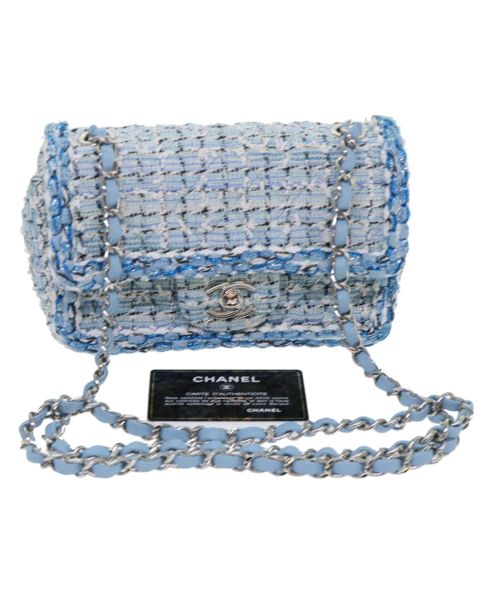 image of Chanel Blue Tweed Shoulder Bag With Chain Strap, Women's