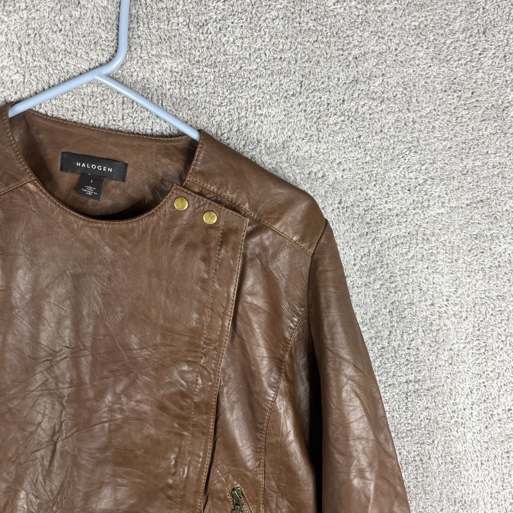 Vintage Halogen Leather Jacket Womens L Brown Moto Asymmetrical Zip Pockets Lined Jacket Size L / US 10 / IT 46 - 4 Thumbnail