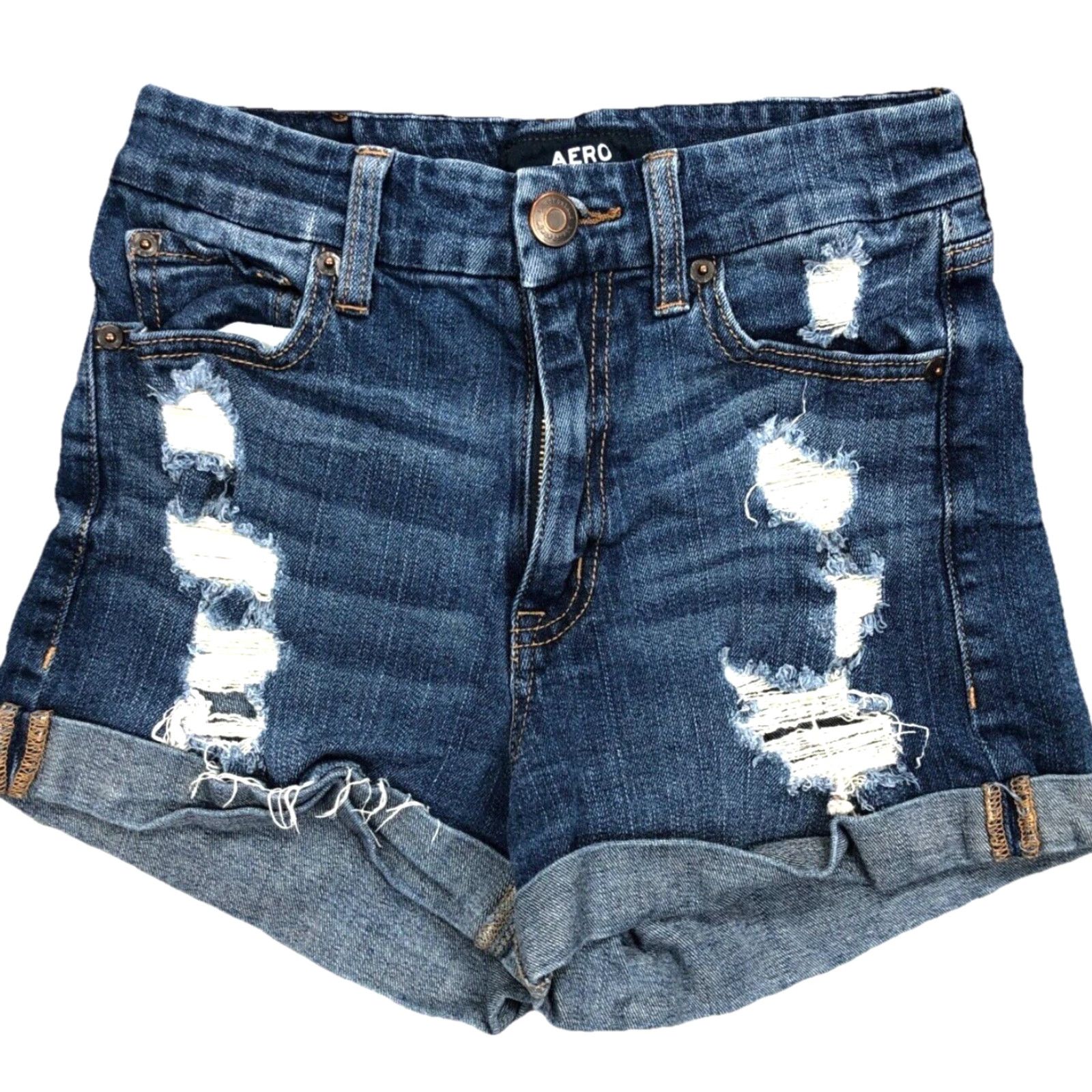 Vintage Aero Shorts Women 2 Midi High Rise Curvy Blue Jean Dark Faded Ripped Holes Size 26" / US 2 / IT 38 - 2 Thumbnail