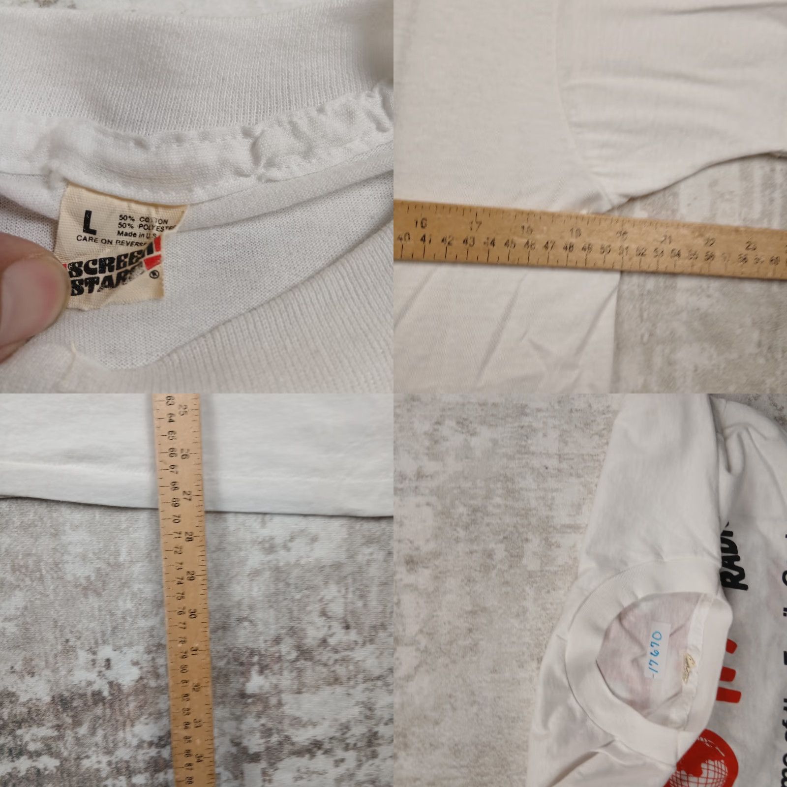 Fruit Of The Loom VINTAGE Stitch T Shirt Mens Large White Paper Thin Screen Stars Shirt 80s USA 1980s Size US L / EU 52-54 / 3 - 8 Thumbnail