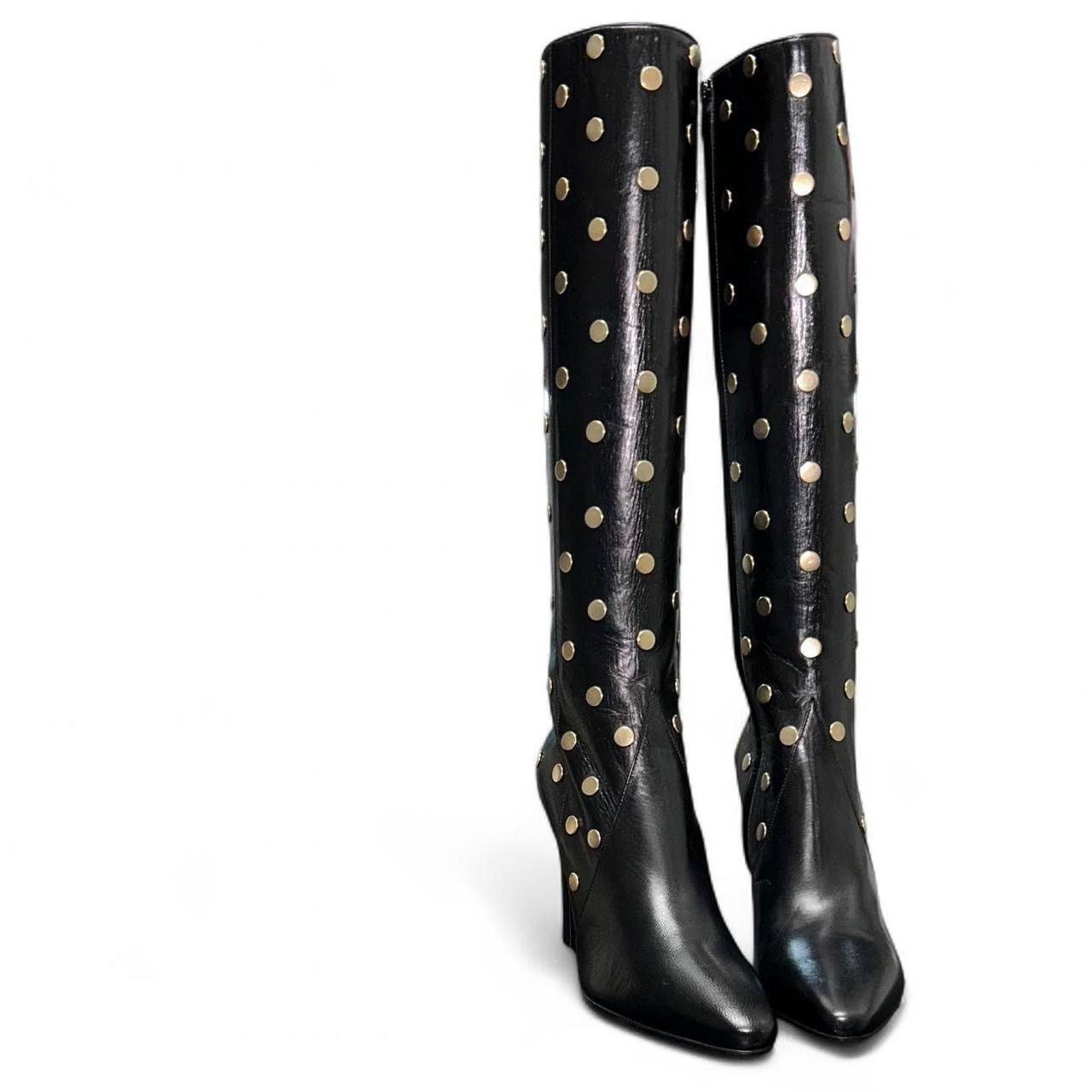 SAINT LAURENT Black knee-high Gold Stud leather boots