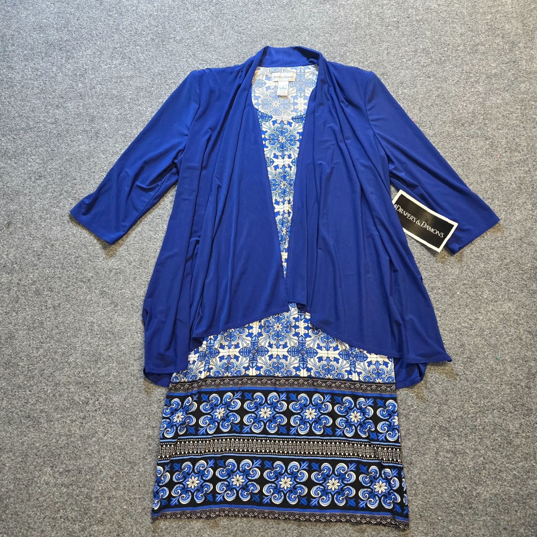 Vintage Drapers & Damons Cardigan Dress Size 14 Blue Floral Stretch No Iron Career Sleeveless Round Neck Pullover Sheath Women Regular Lace Pattern Size XL / US 12-14 / IT 48-50 - 2 Thumbnail