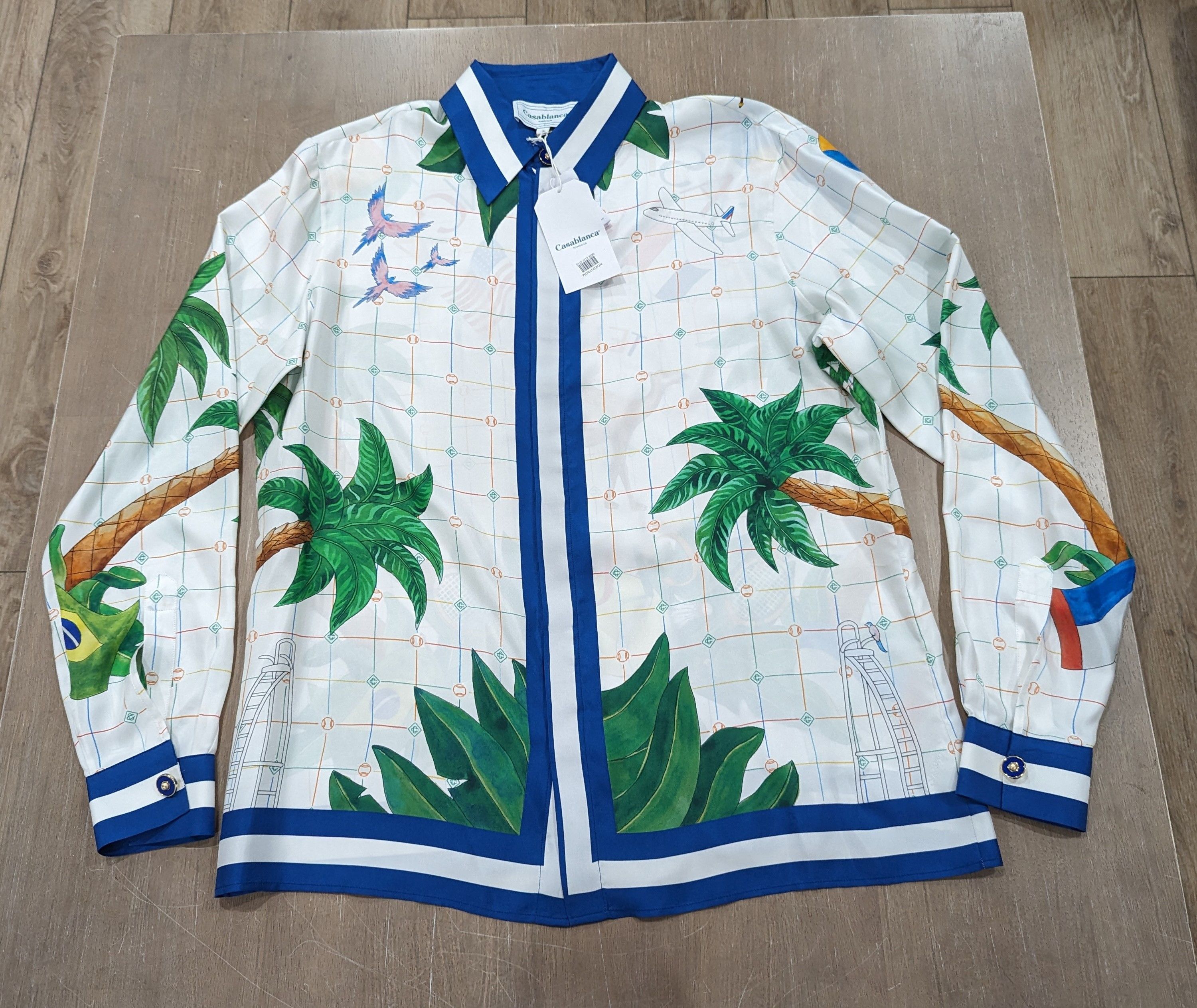 image of Casablanca Cuban Collar Silk Button-Up Shirt Medium in White/Blue, Men's (Size Large)