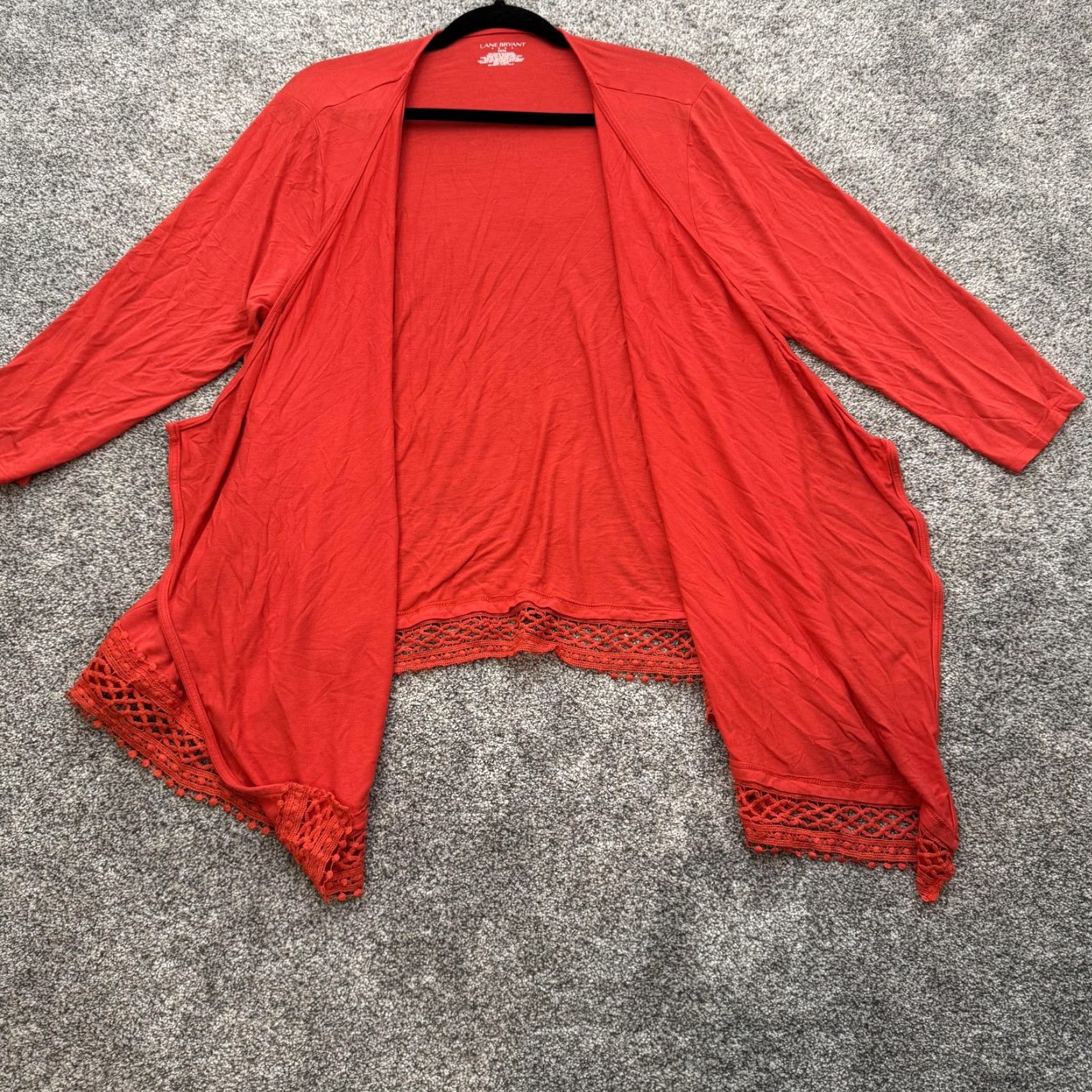 Vintage Lane Bryant Cardigan Womens 14/16 Red Open Front Lace Hem 3/4 Sleeve Boho Drape Size XL / US 12-14 / IT 48-50 - 3 Thumbnail