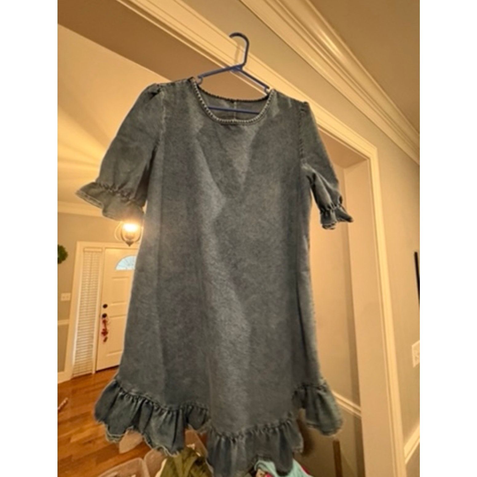 Shein SHEIN Women’s Large Blue Denim Ruffle Hem Dress Short Sleeve Size L / US 10 / IT 46 - 2 Thumbnail