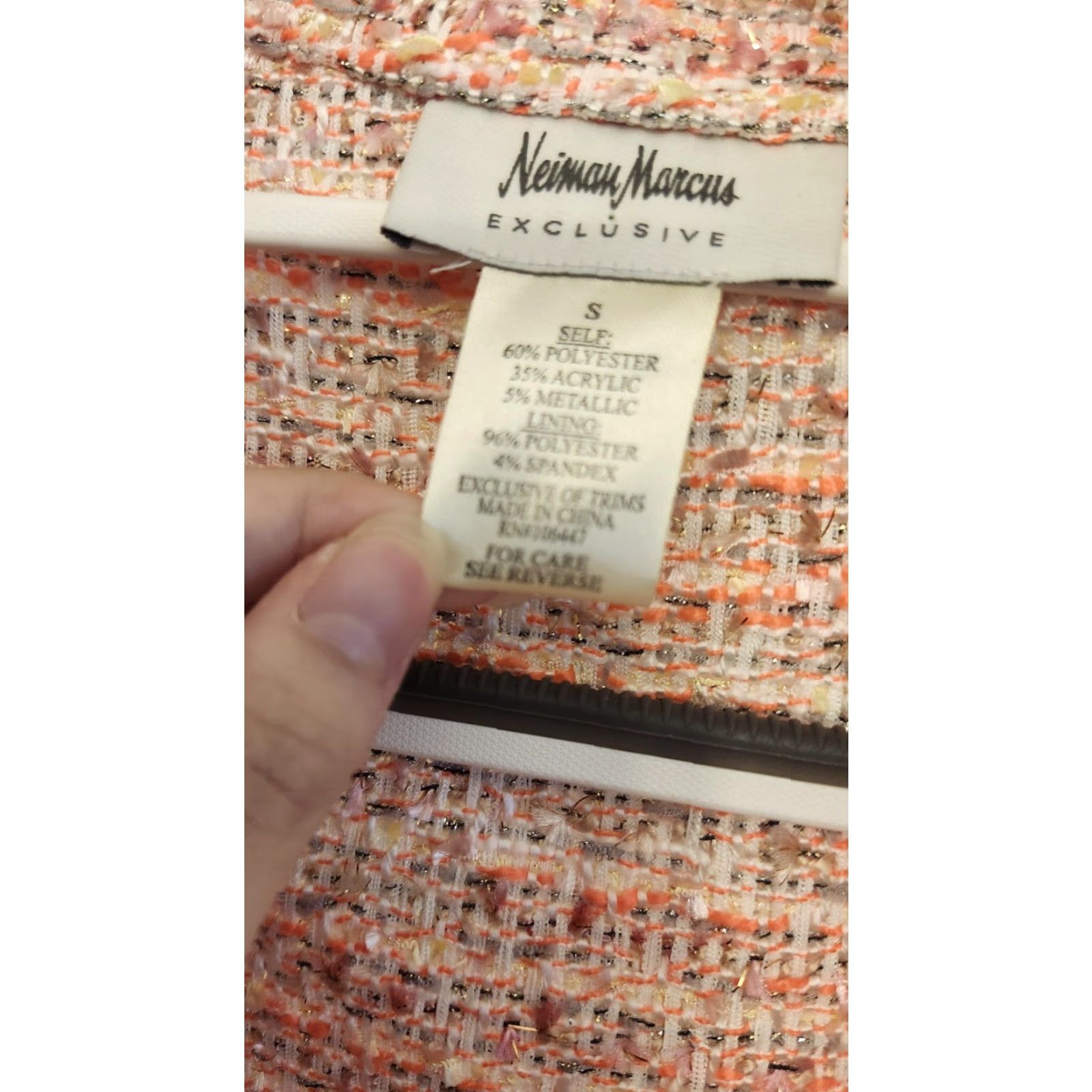 VINTAGE Neiman Marcus Jacket Womens Small Pink Orange Tweed Open Front Fringe Pockets