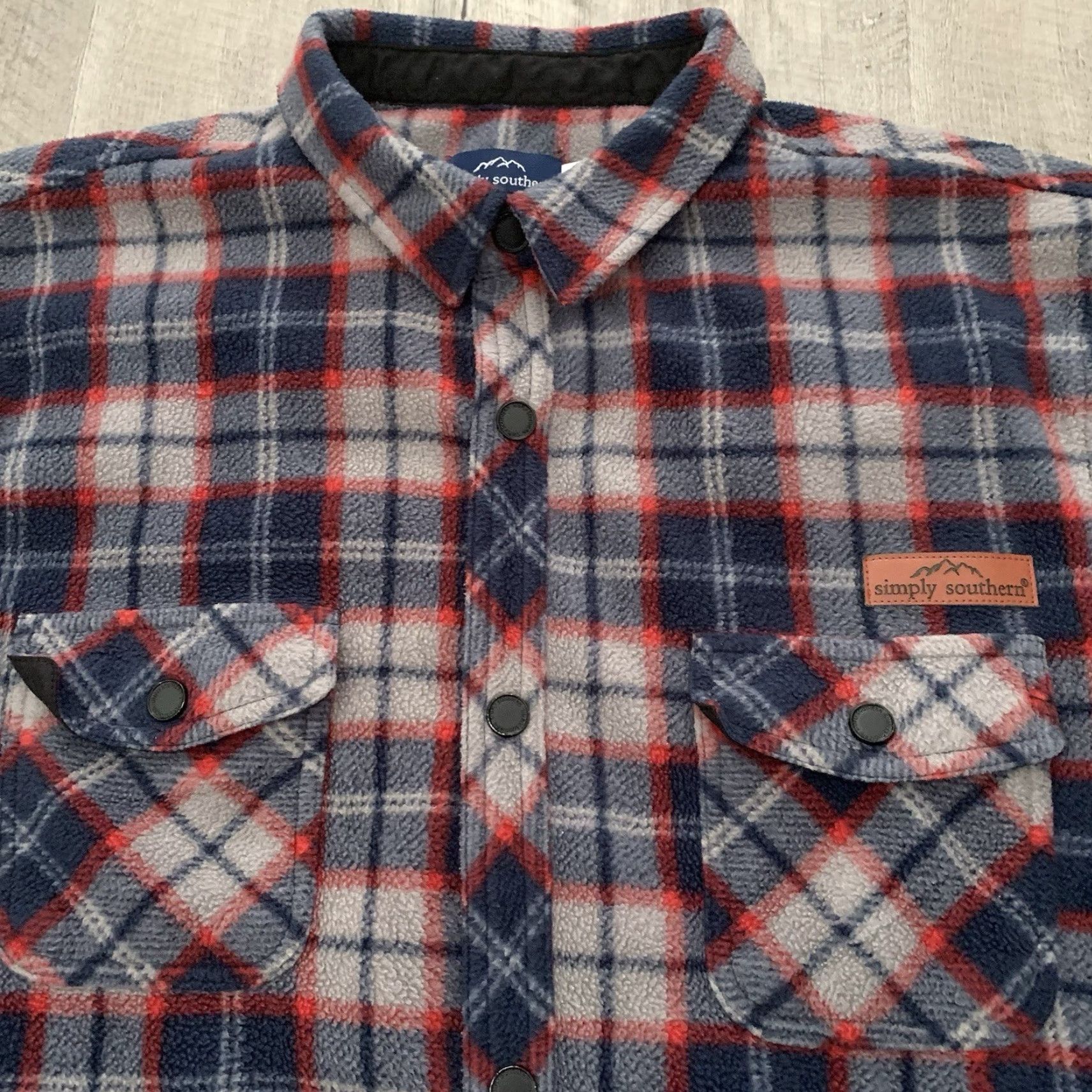 Vintage Simply Southern Fleece Shirt Mens Large Blue Gray Plaid Snap Front Pockets SOFT Size US L / EU 52-54 / 3 - 7 Thumbnail