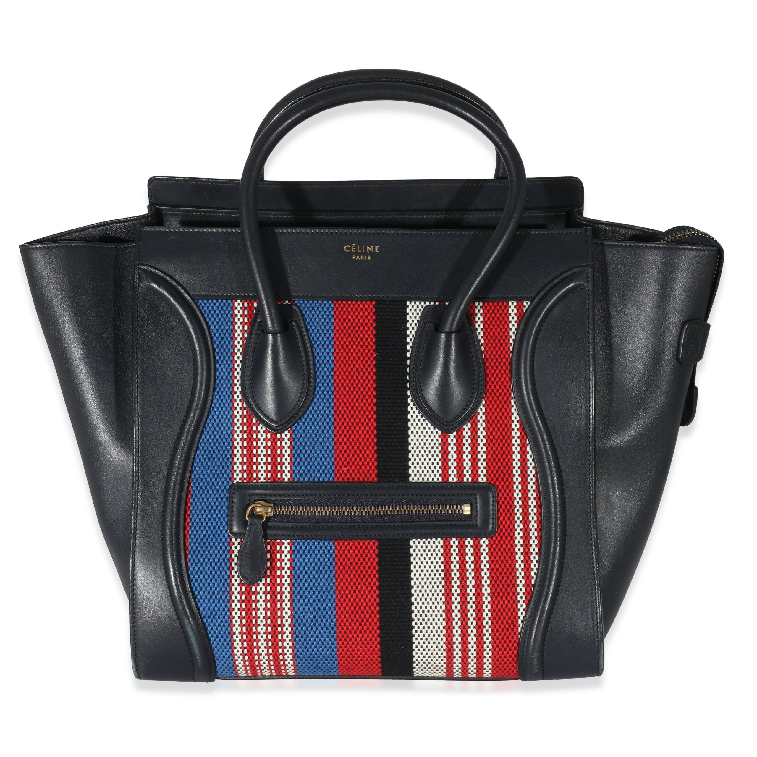 image of Celine Smooth Navy Calfskin Canvas Stripe Mini Luggage Tote in Blue, Women's