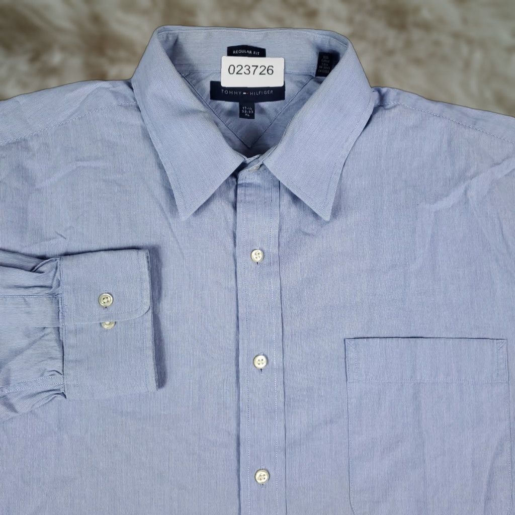 Tommy Hilfiger VINTAGE Tommy Hilfiger Shirt Mens 17.5 XL Blue Striped Dress Shirt Long Sleeve Button Up Wide Collar Men’s XL Blue 90s Preppy Wedding Mens Size 46R - 1 Thumbnail