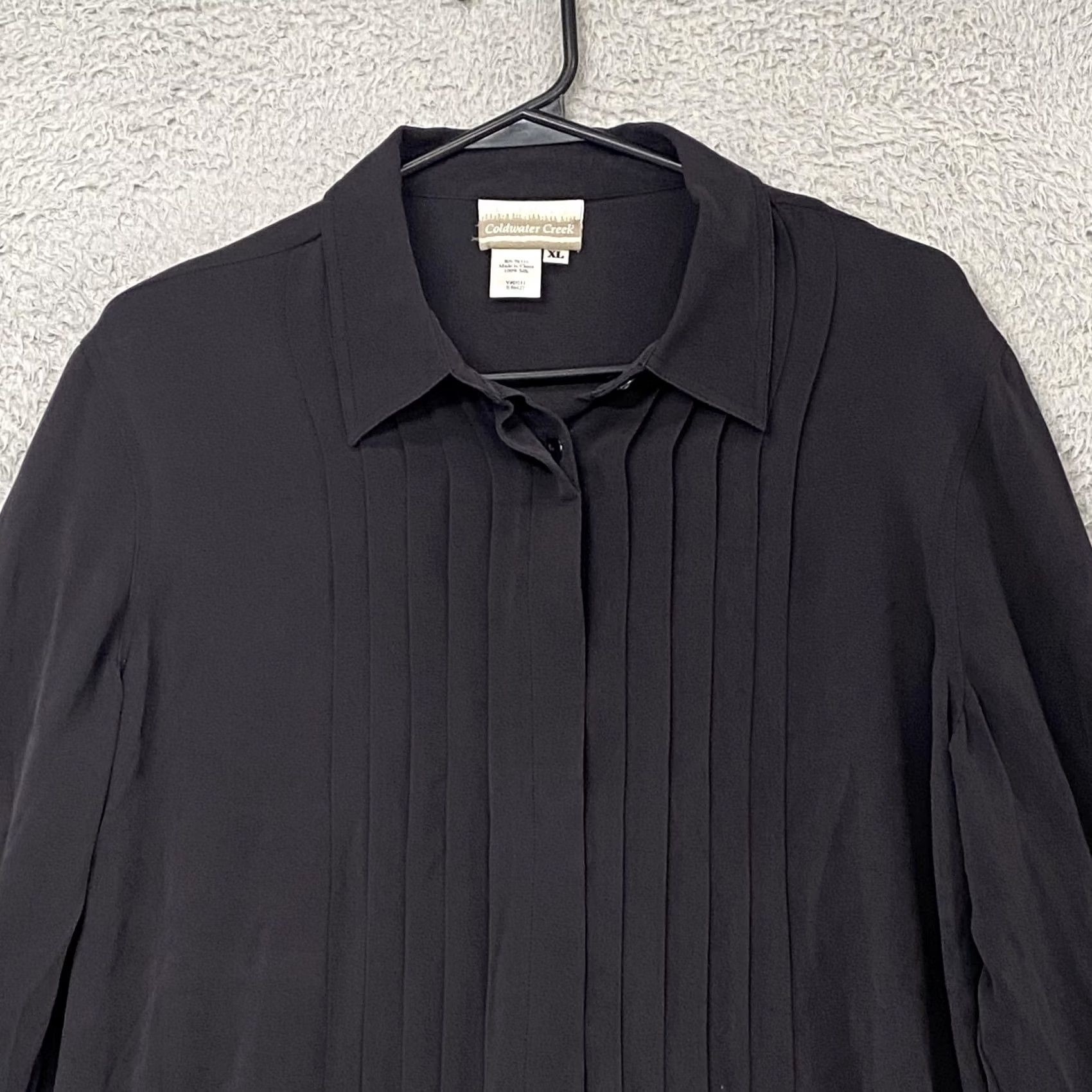 Coldwater Creek Coldwater Creek Womens XL Black Silk Pleated Button Front Long Sleeve Top Size XL / US 12-14 / IT 48-50 - 2 Thumbnail