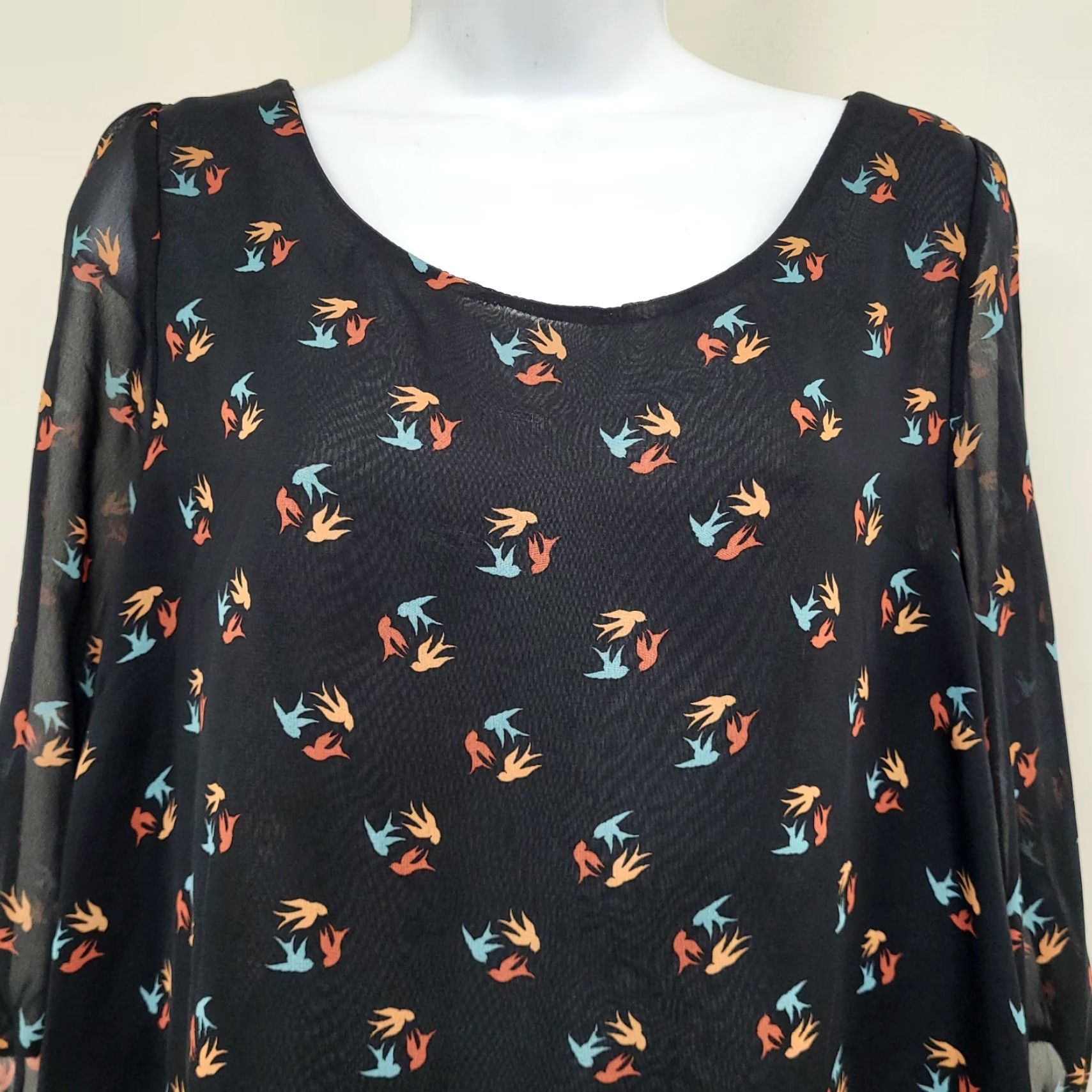 Bell A.N.A Blouse Women's M Black Sheer Bell Sleeve Bird Print Peasant Boho Blouse / Bohemian Shirt Men/Women? Size M / US 6-8 / IT 42-44 - 7 Thumbnail