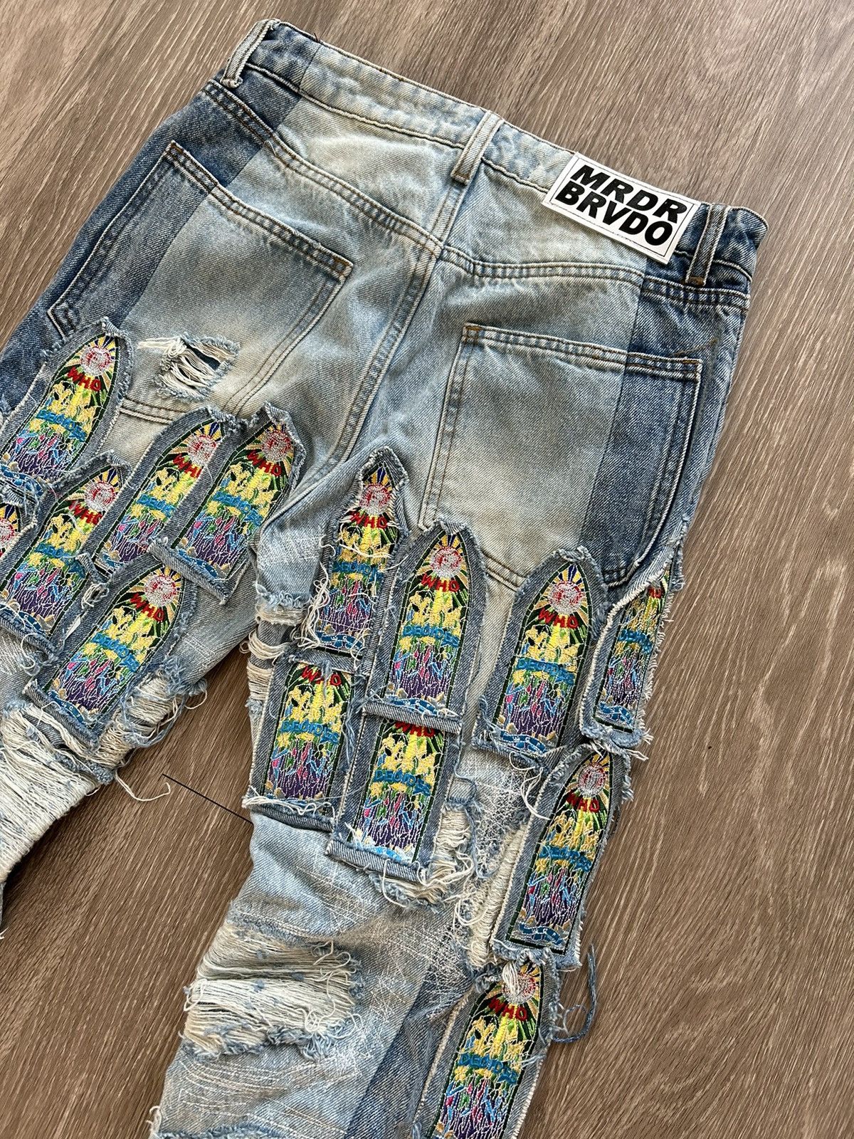 Who Decides War WDW Stain Glass Patch Flare “Coliseum Fusion” Denim Jeans Size US 29 - 6 Thumbnail