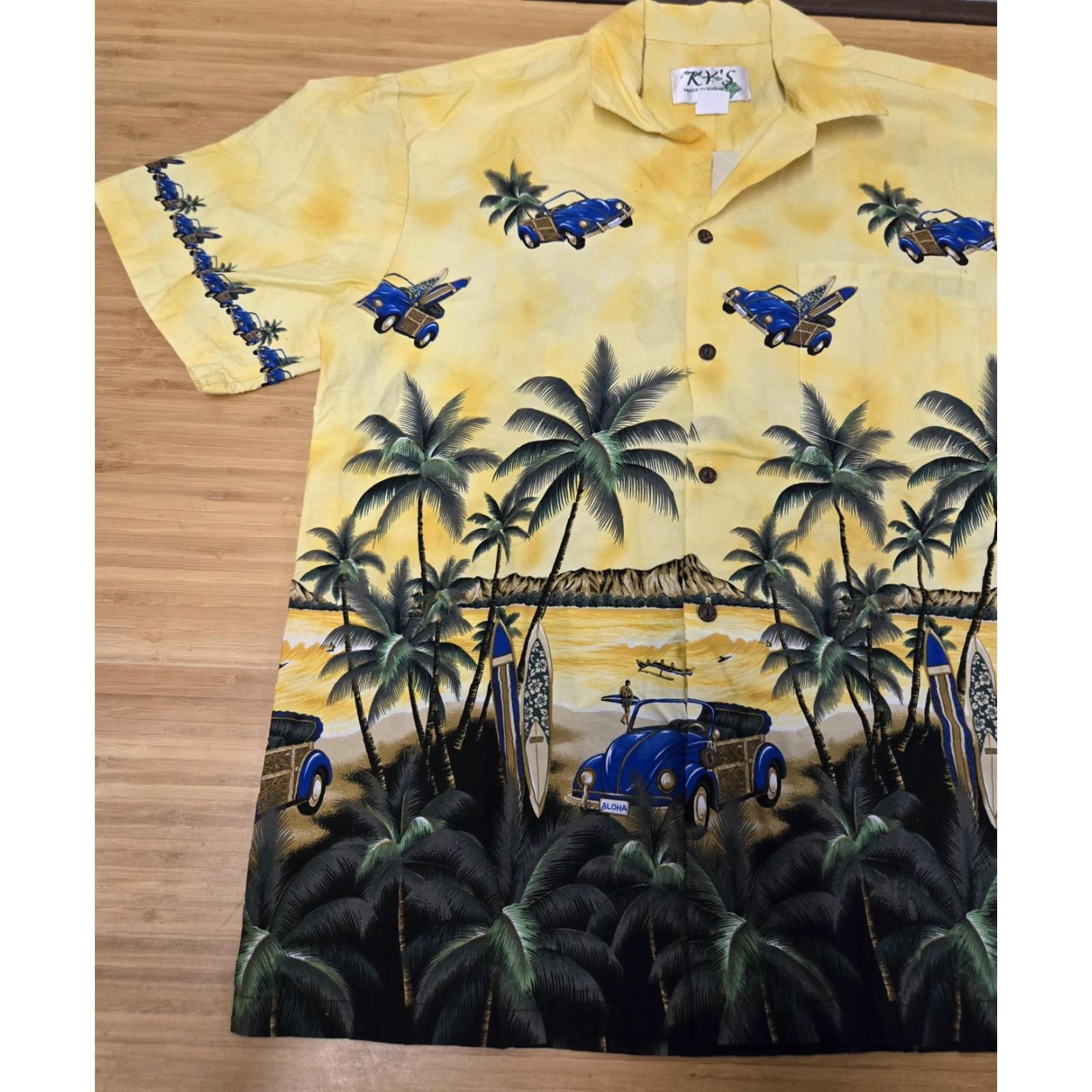 Vintage KY'S Shirt Mens Large Hawaiian Aloha Camp Made in Hawaii Palm Trees Surfboards Graphic Print Cotton Short Sleeve Button-Up Collared Camp Shirt Yellow Size US L / EU 52-54 / 3 - 3 Thumbnail