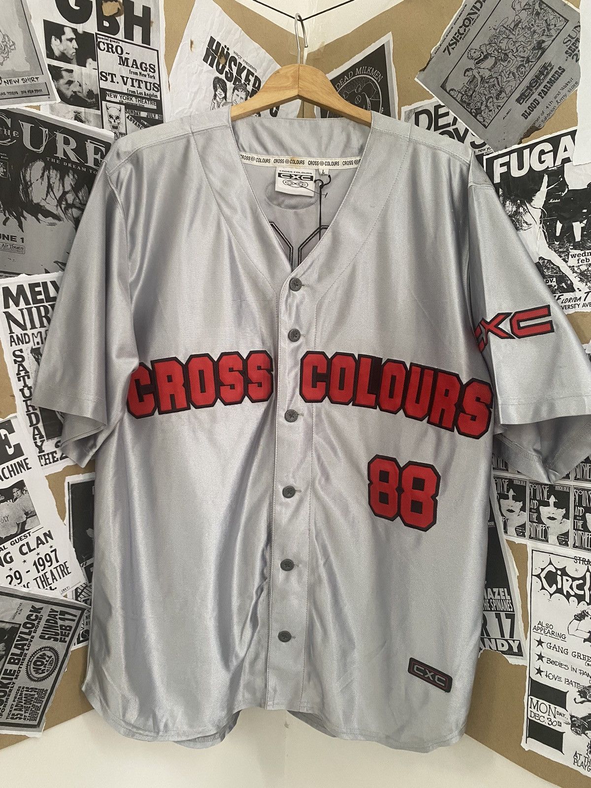 image of Cross Colours x Vintage Cross Colour Baseball Jersey in Silver, Men's (Size Large)