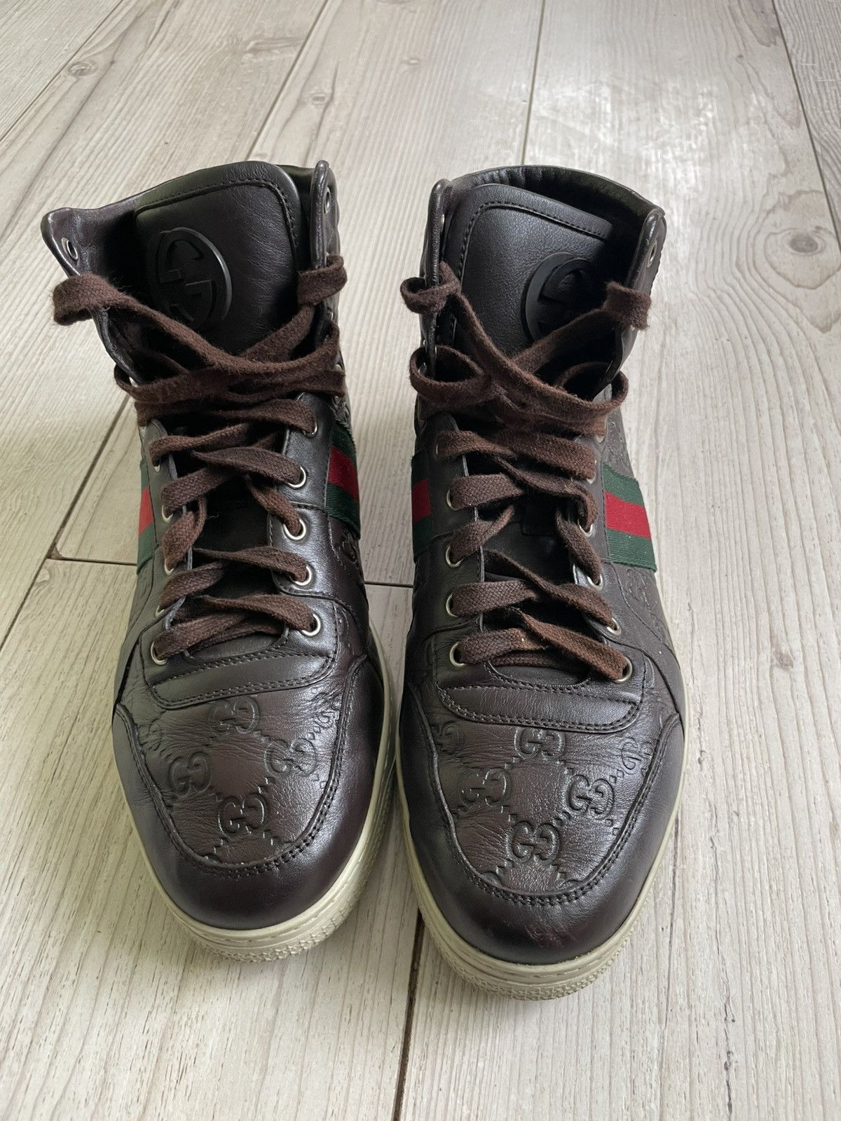 Gucci GUCCI Sneakers Hi-Top Leather Web Guccisima GG Monogram Size US 8 / EU 41 - 10 Thumbnail