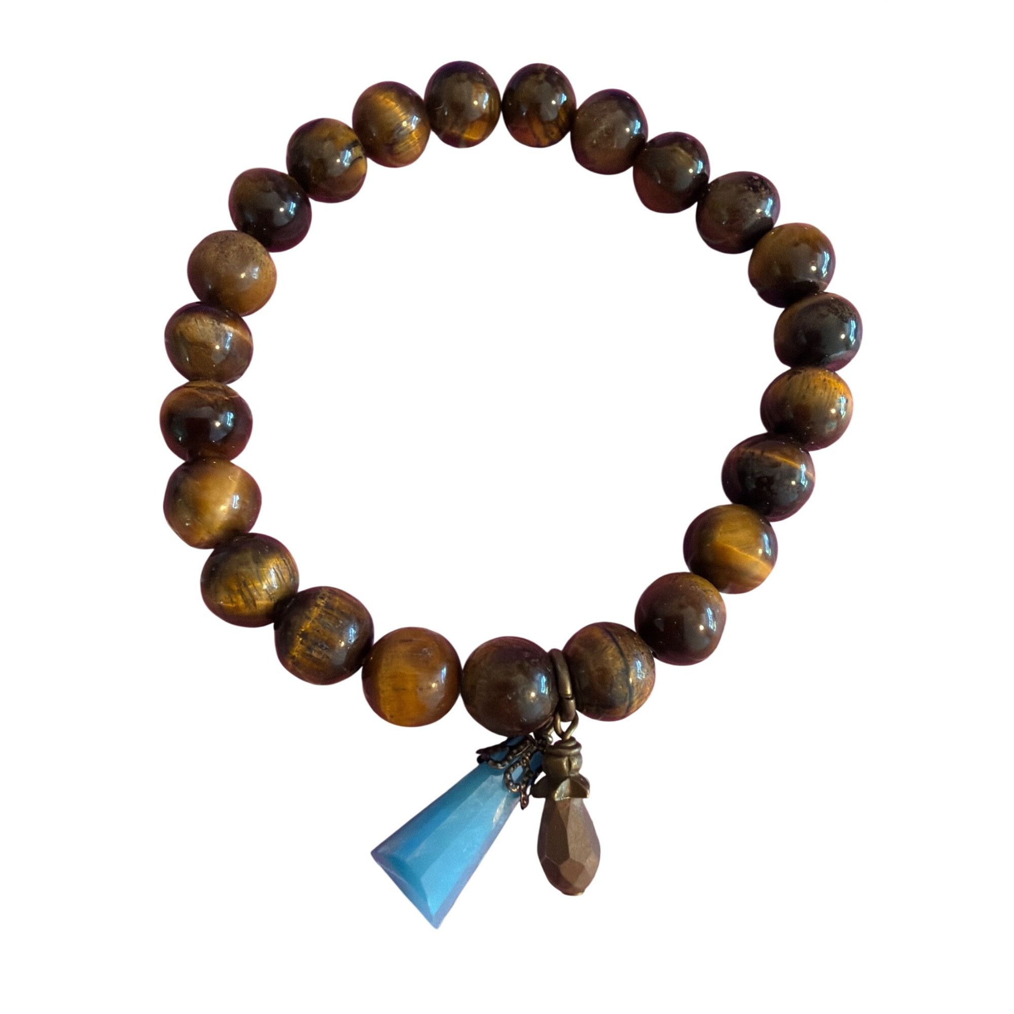 Other Tigers Eye Bead Stretch Bracelet Silver Tone Glass Charms 20 Size ONE SIZE - 2 Thumbnail