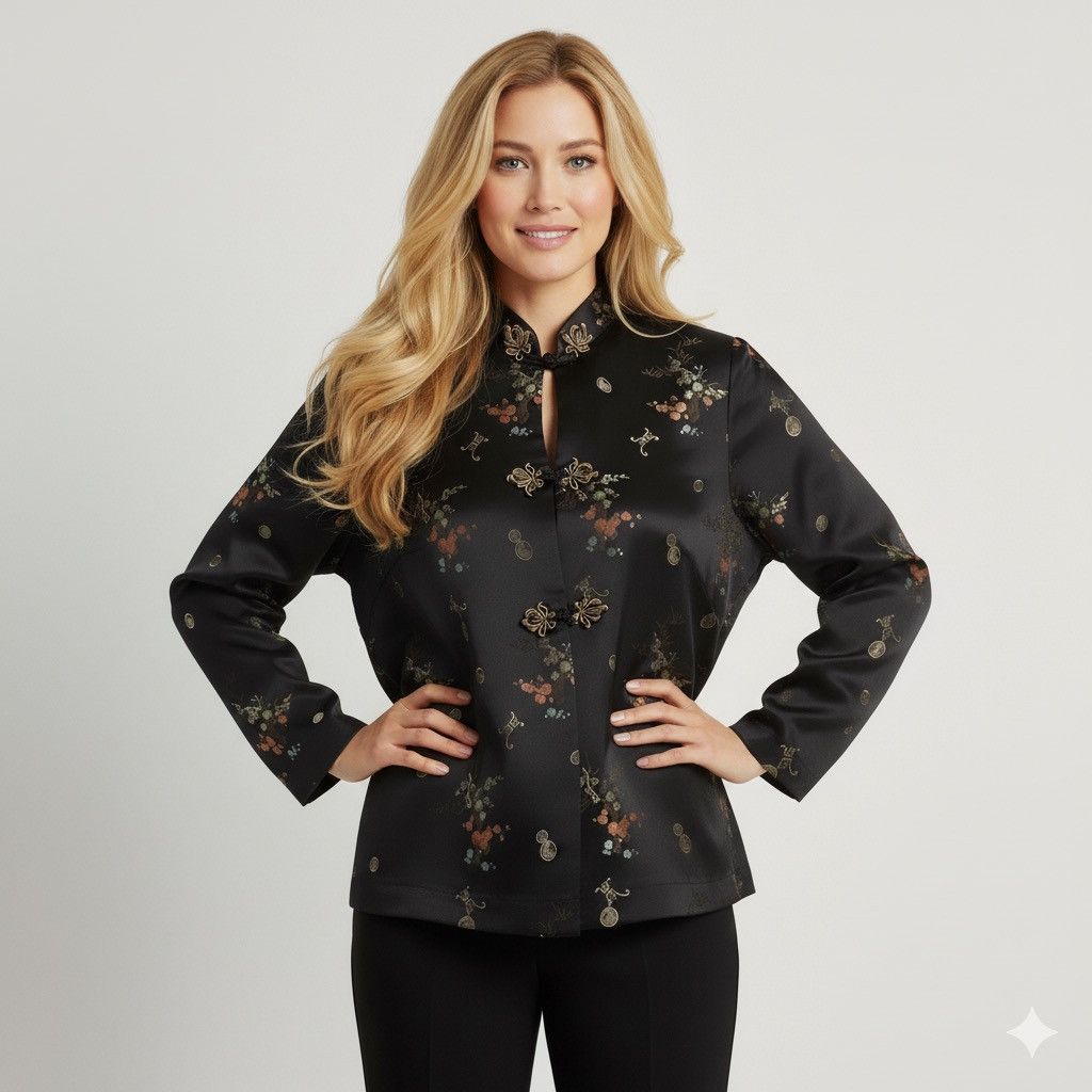 Vintage Vintage Chinese Black Satin Brocade Light Jacket - Small Size S / US 4 / IT 40 - 1 Thumbnail
