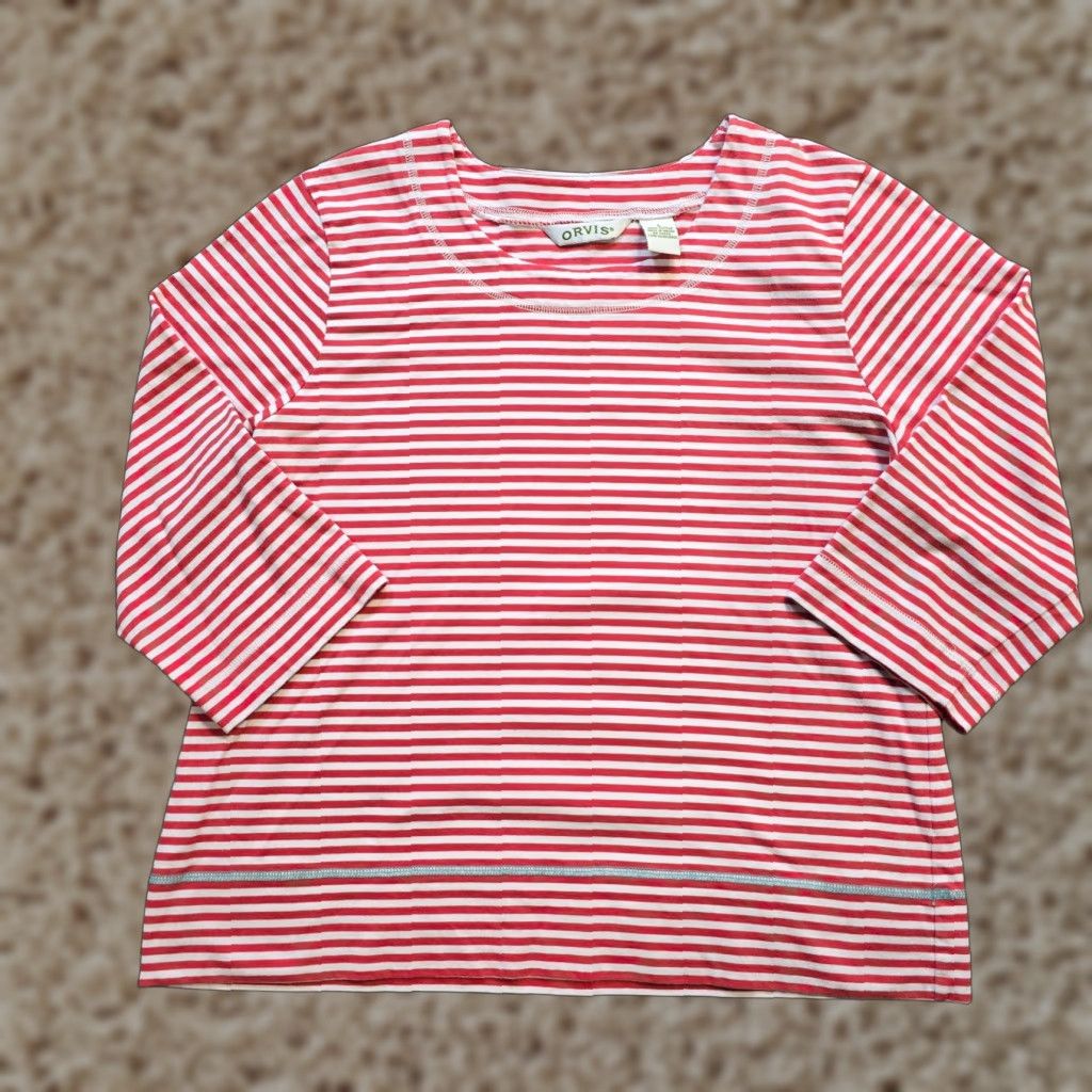 Orvis Orvis Top Women Large Red White Striped Round Neck Nautical Beach Coastal Casual Blouse Size L / US 10 / IT 46 - 1 Thumbnail
