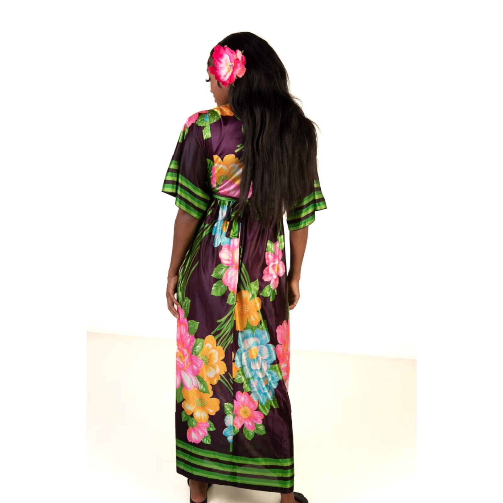 Vintage VINTAGE 1970s Hawaiian Maxi Dress Medium Brown Floral Print Boho Brown Acetate 54” Chest 15” Waist 28” Ragstock Mens Womens Girls Boys Size M / US 6-8 / IT 42-44 - 3 Thumbnail
