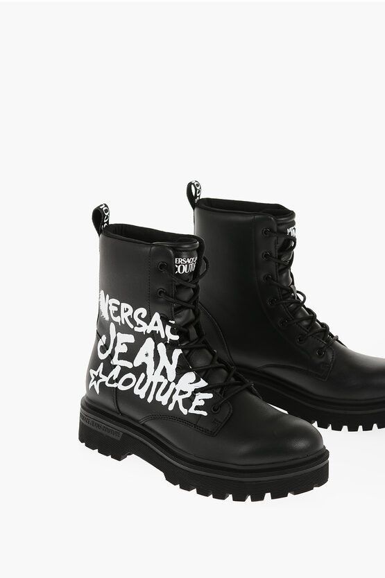 image of Versace Jeans Couture Leather Syrius Combat Boots With Contrasting P in Black, Men's (Size 10)