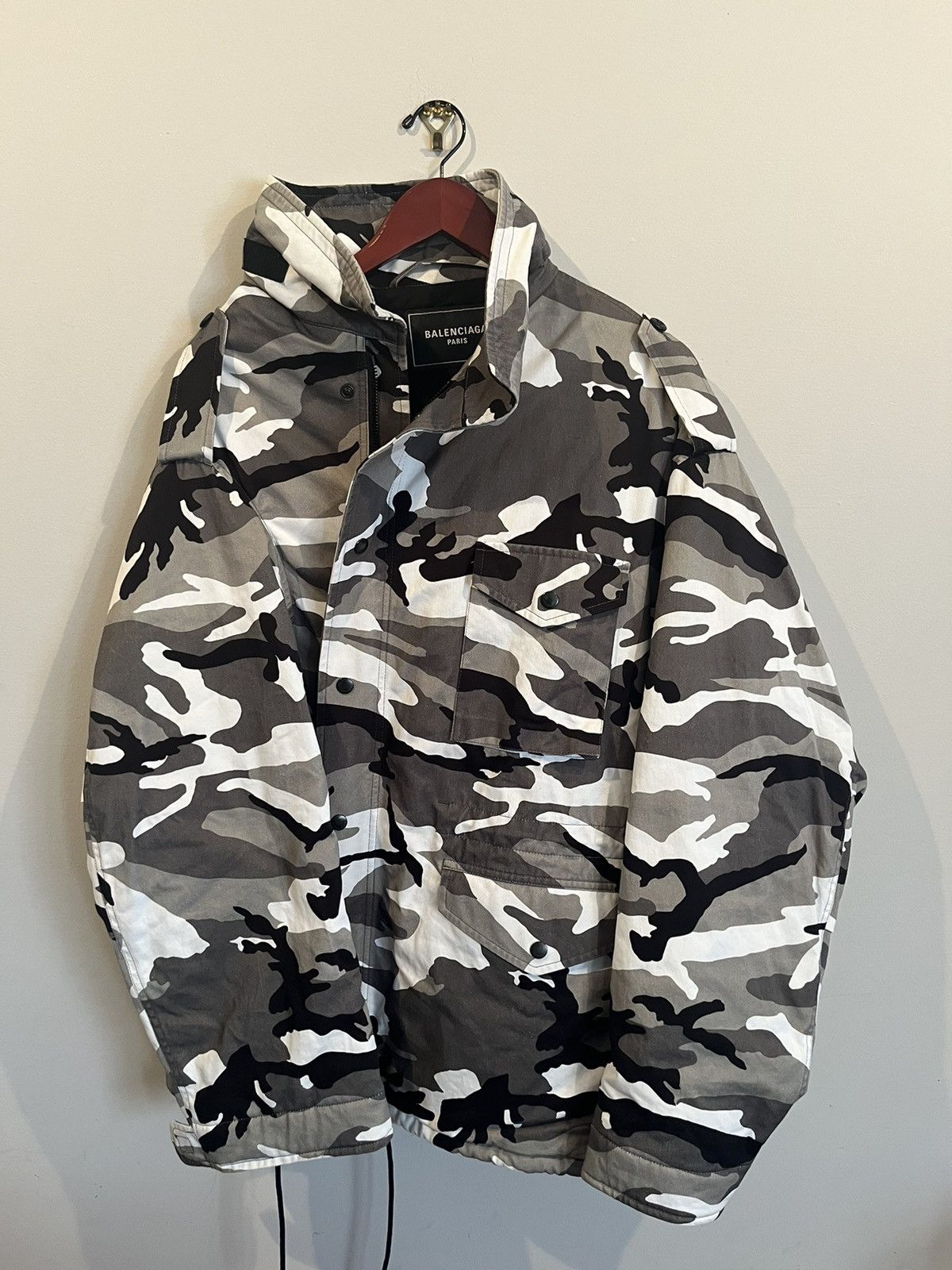 Buy Balenciaga women grey off-shoulder camouflage-print
