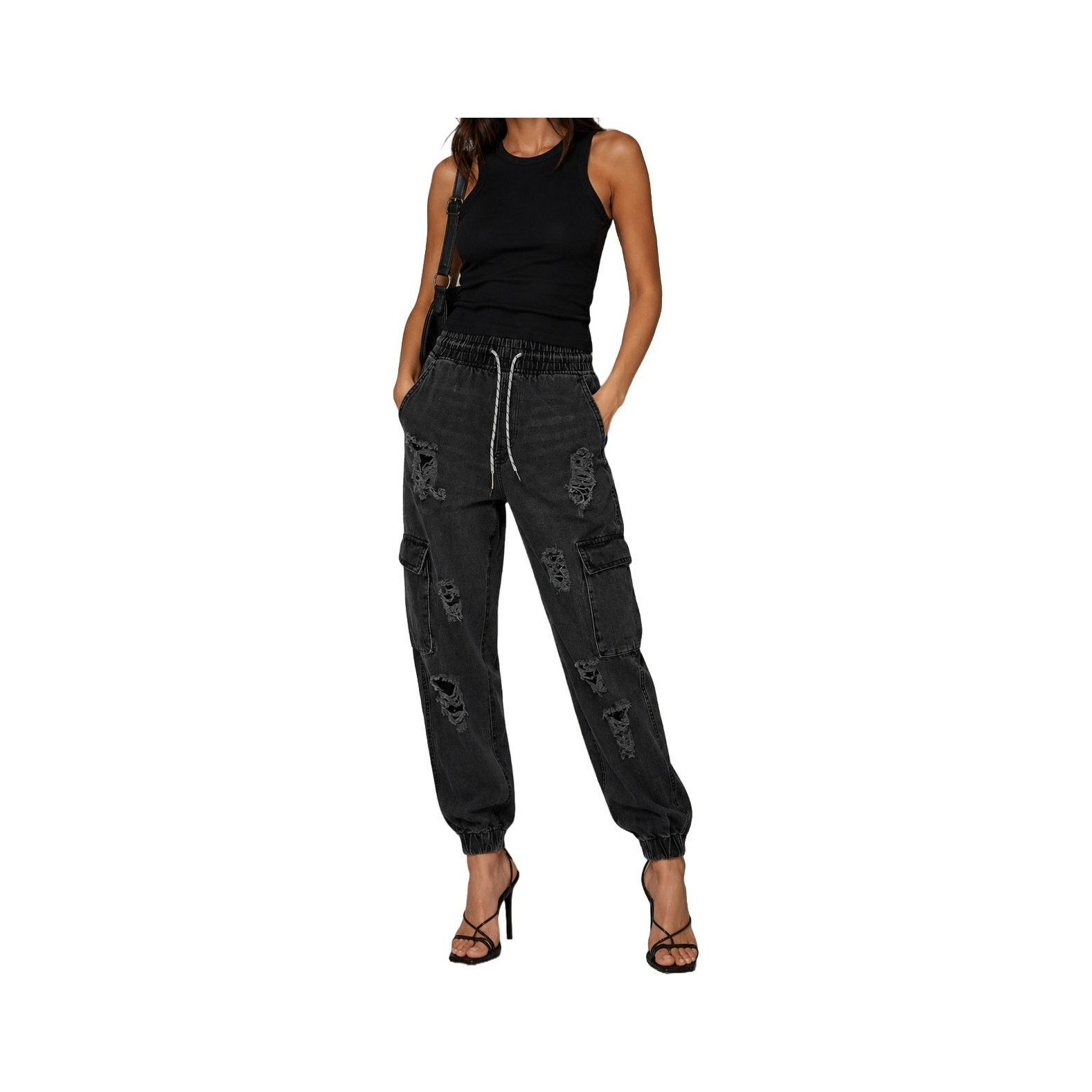 Other BlueNotes Denim Black High Rise Jogger Jeans Distressed Y2K Size 28" / US 6 / IT 42 - 6 Thumbnail