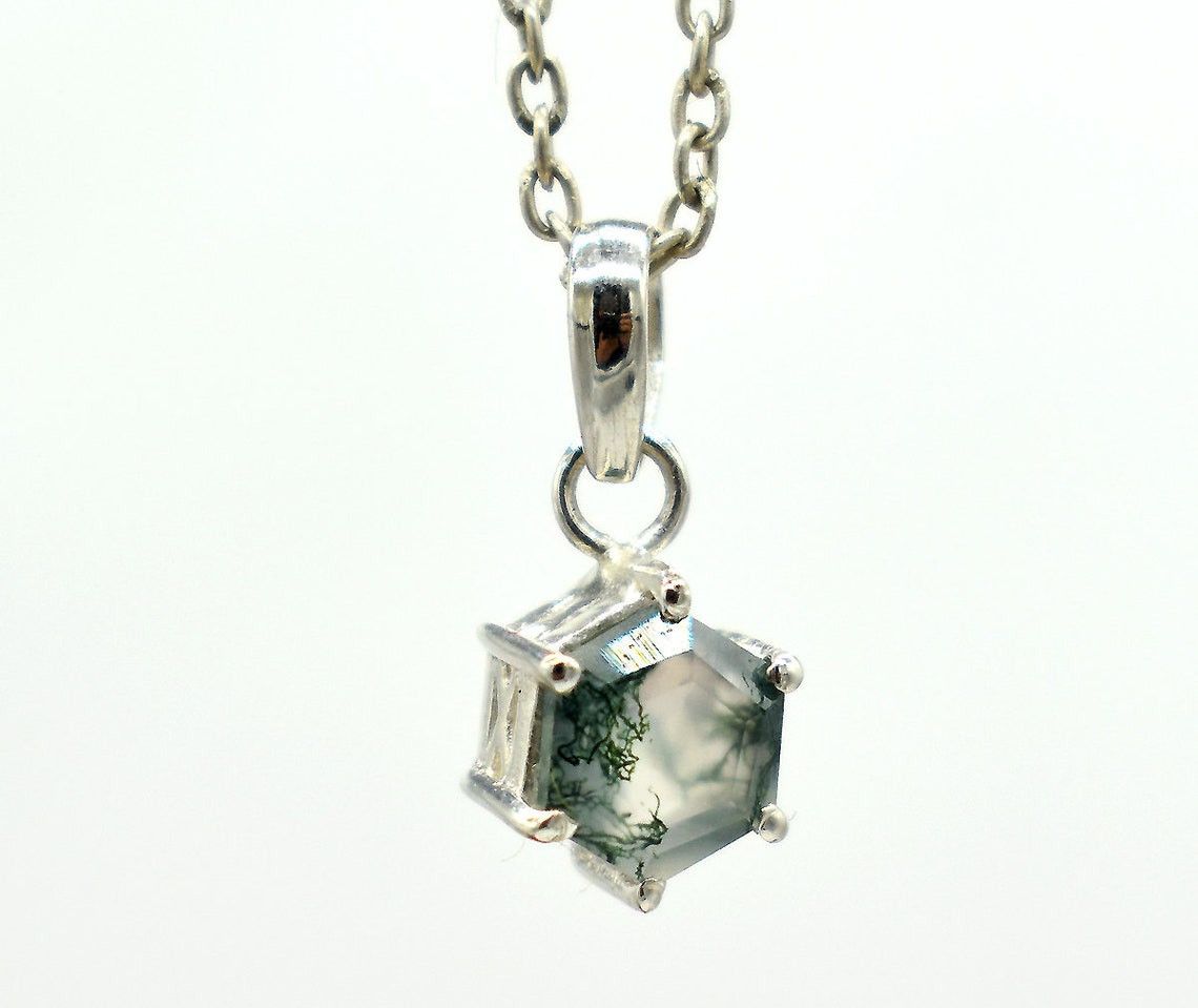 Handmade Hexagon Moss Agate 925 Sterling Silver Necklace Size ONE SIZE - 1 Thumbnail