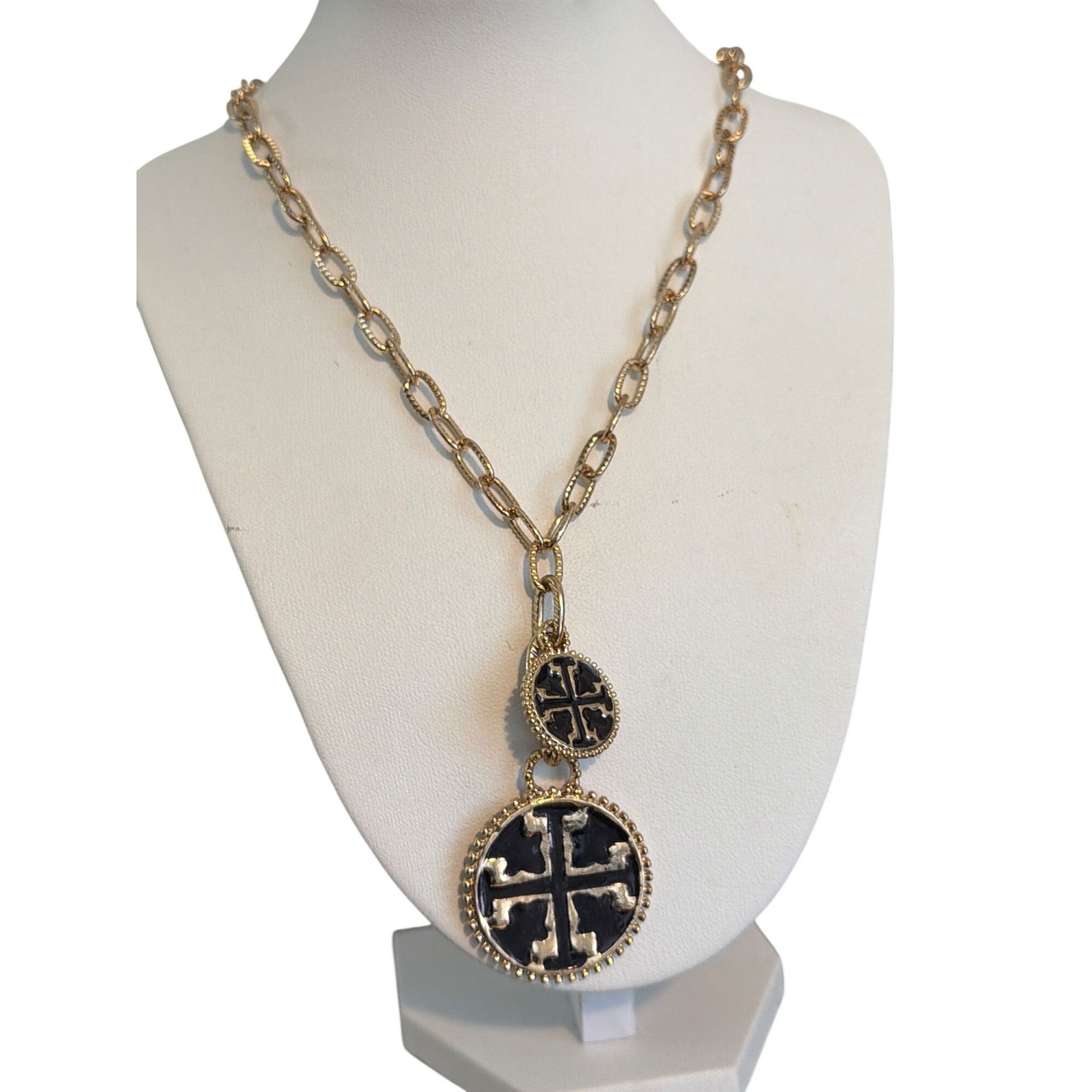 Other Gold Tone Chain Necklace Black Enamal Pendant Double Drop Ad Size ONE SIZE - 1 Thumbnail