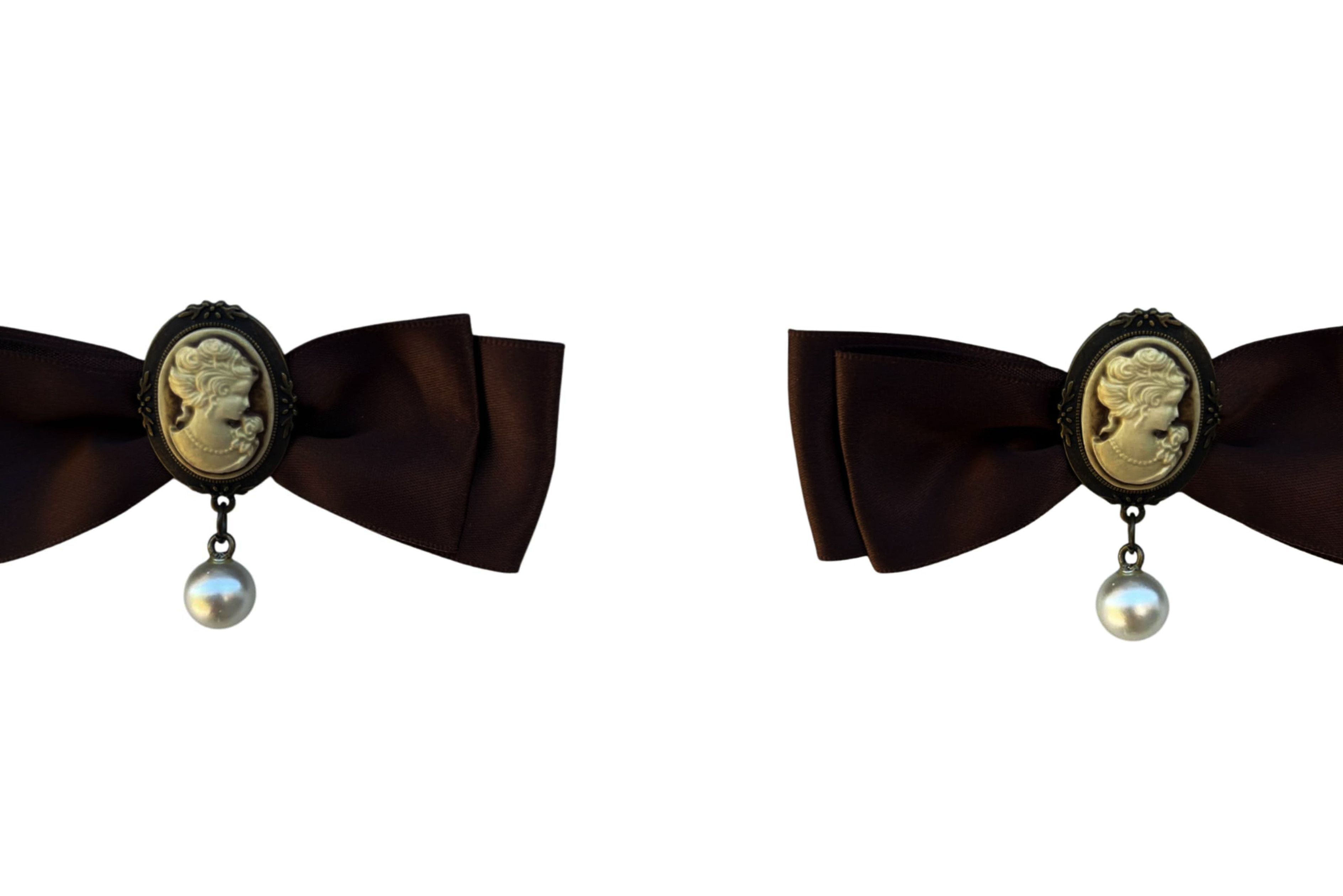 Vintage Brown Satin Ribbon Brooch With Cameo and dangling pearl Size ONE SIZE - 8 Thumbnail